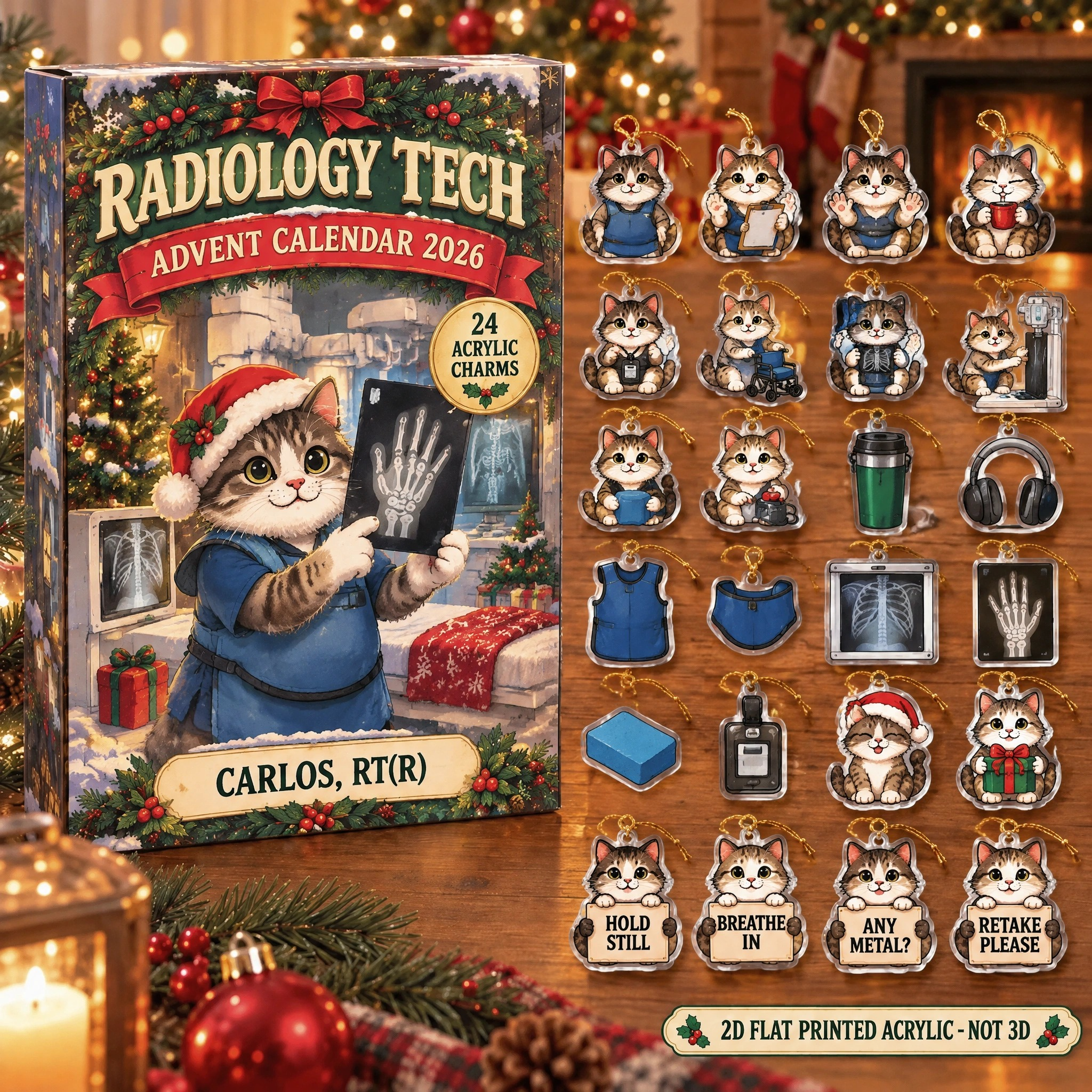 Personalized Radiology Tech Cat advent calendar box with 24 flat acrylic Christmas charms