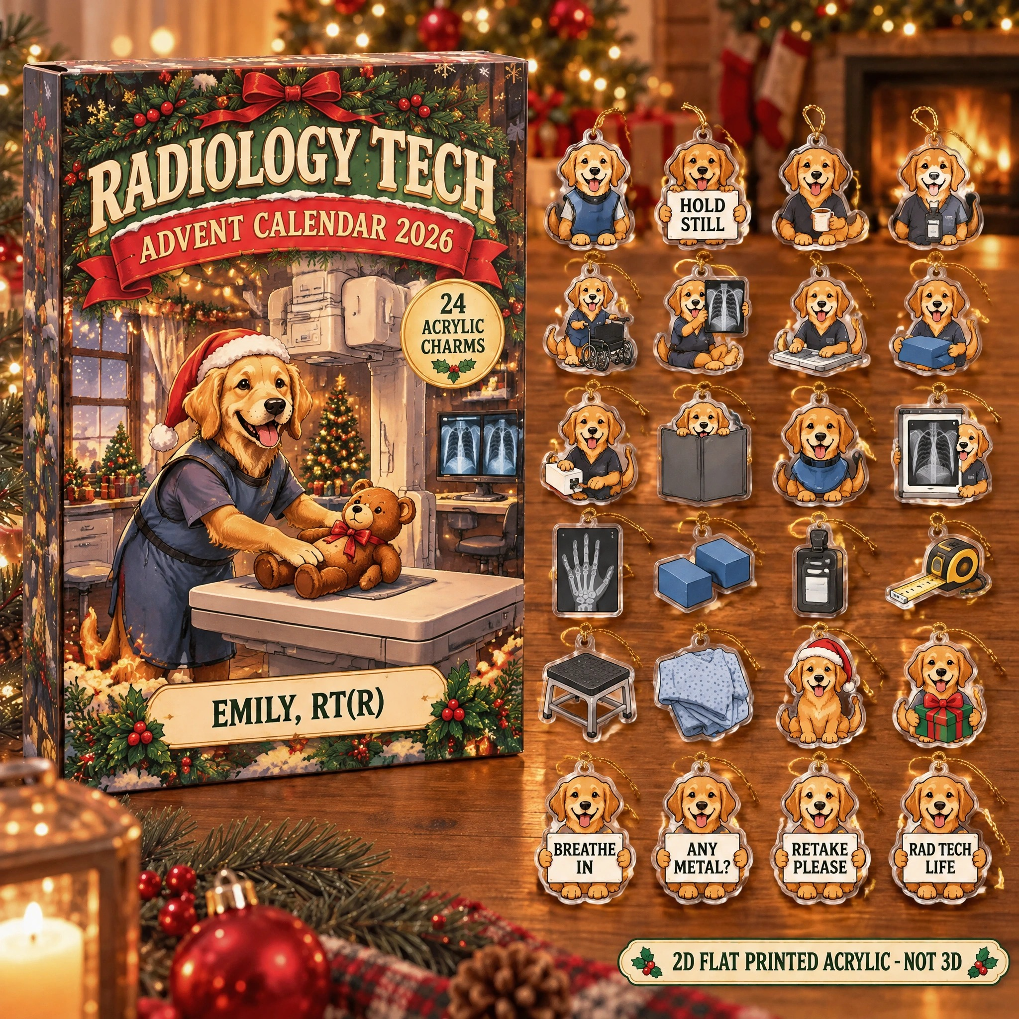 Personalized Radiology Tech Dog advent calendar box with 24 flat acrylic Christmas charms