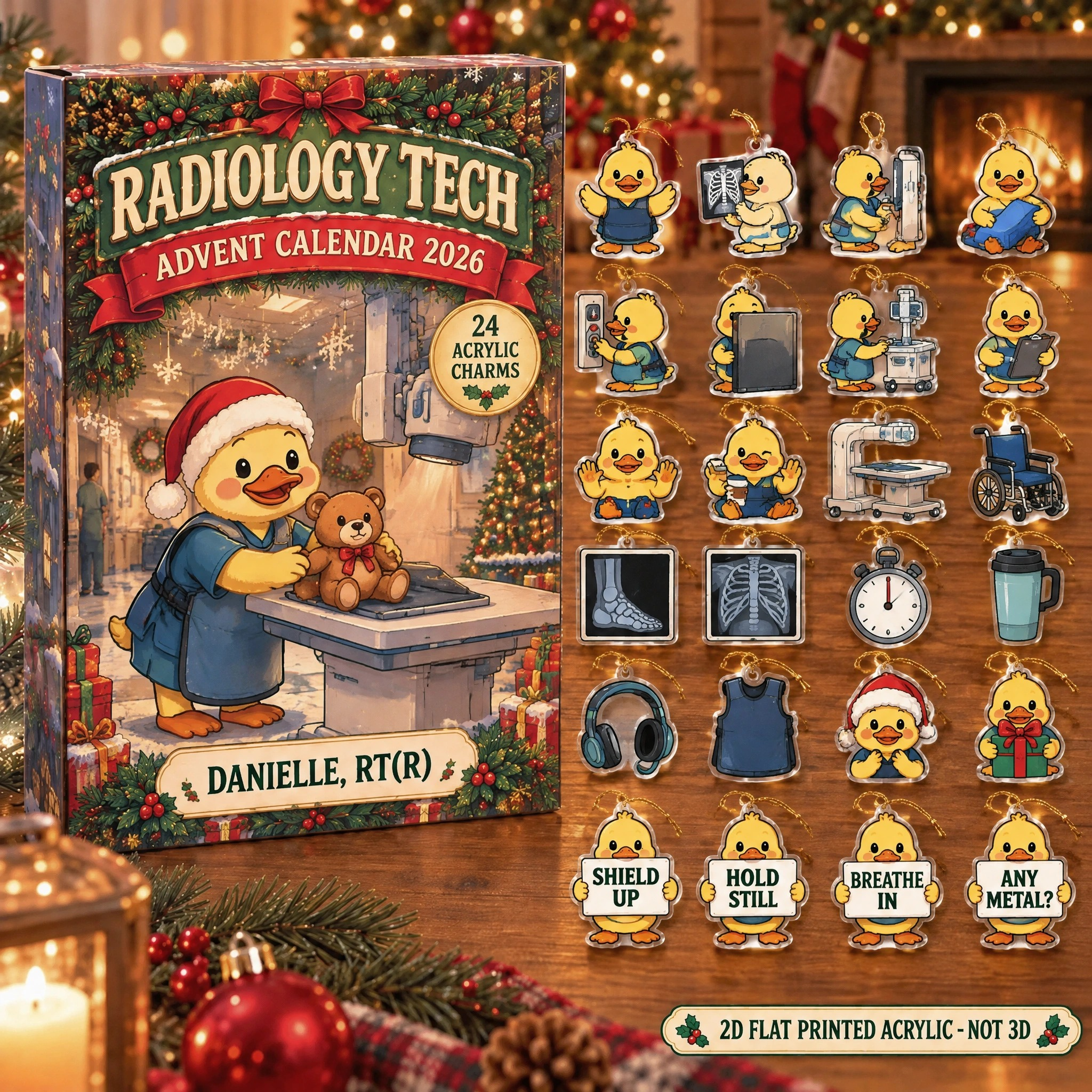 Personalized Radiology Tech Duck advent calendar box with 24 flat acrylic Christmas charms