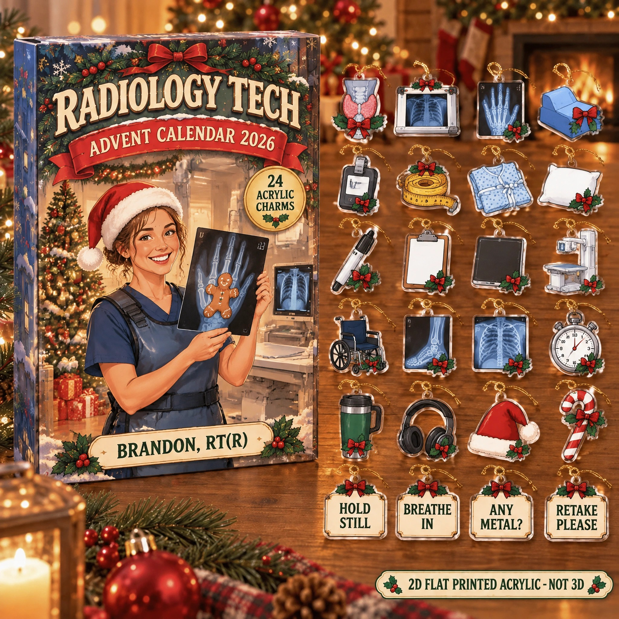 Personalized Radiology Tech Essentials advent calendar box with 24 flat acrylic Christmas charms