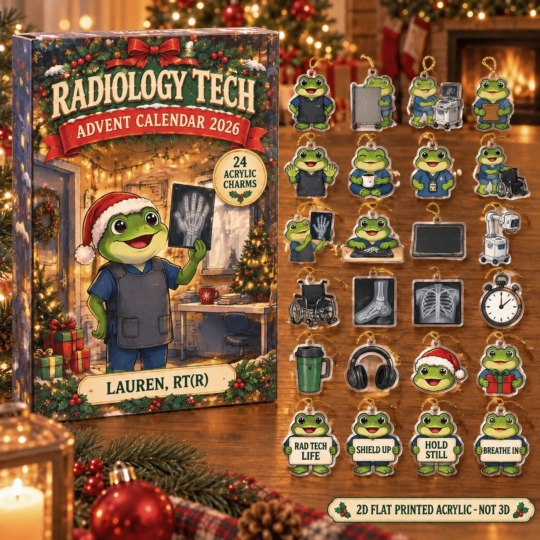 Personalized Radiology Tech Frog advent calendar box with 24 flat acrylic Christmas charms