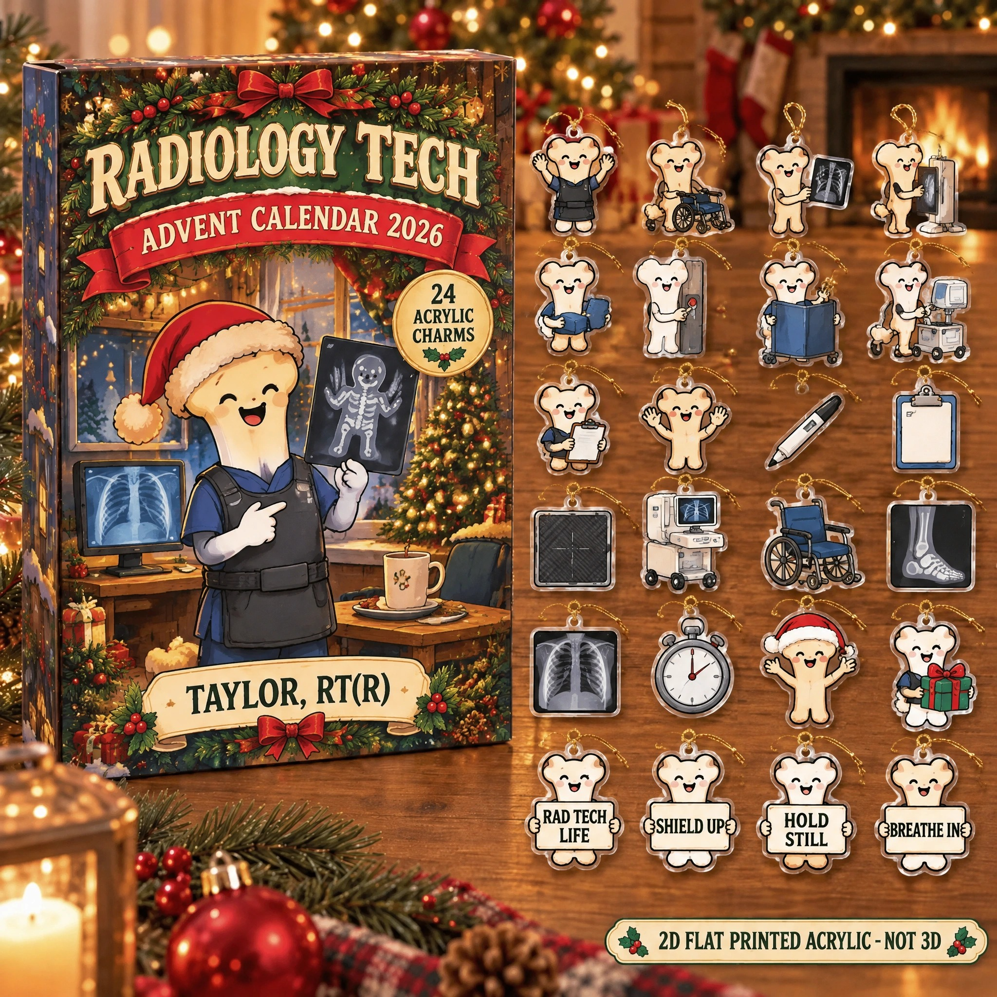 Personalized Funny Anatomy Radiology Tech advent calendar box with 24 flat acrylic Christmas charms