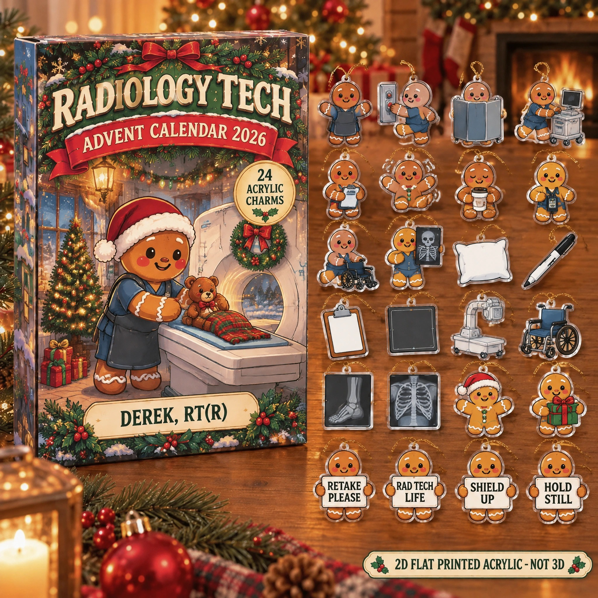 Personalized Gingerbread Radiology Tech advent calendar box with 24 flat acrylic Christmas charms