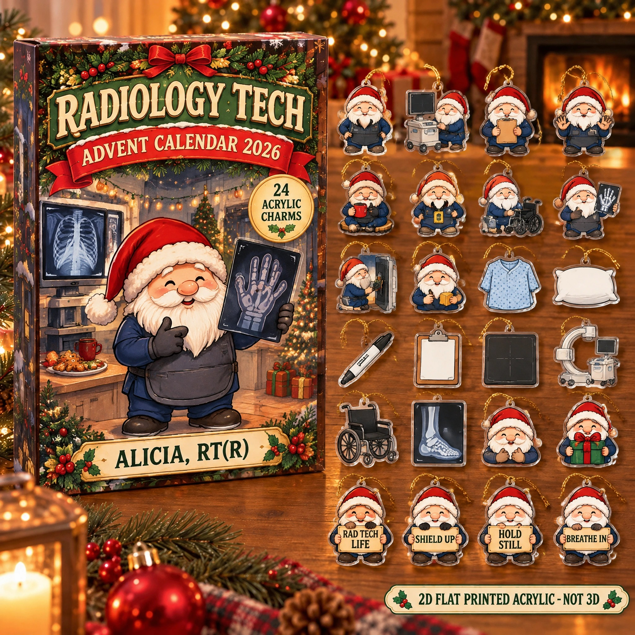 Personalized Radiology Tech Gnome advent calendar box with 24 flat acrylic Christmas charms