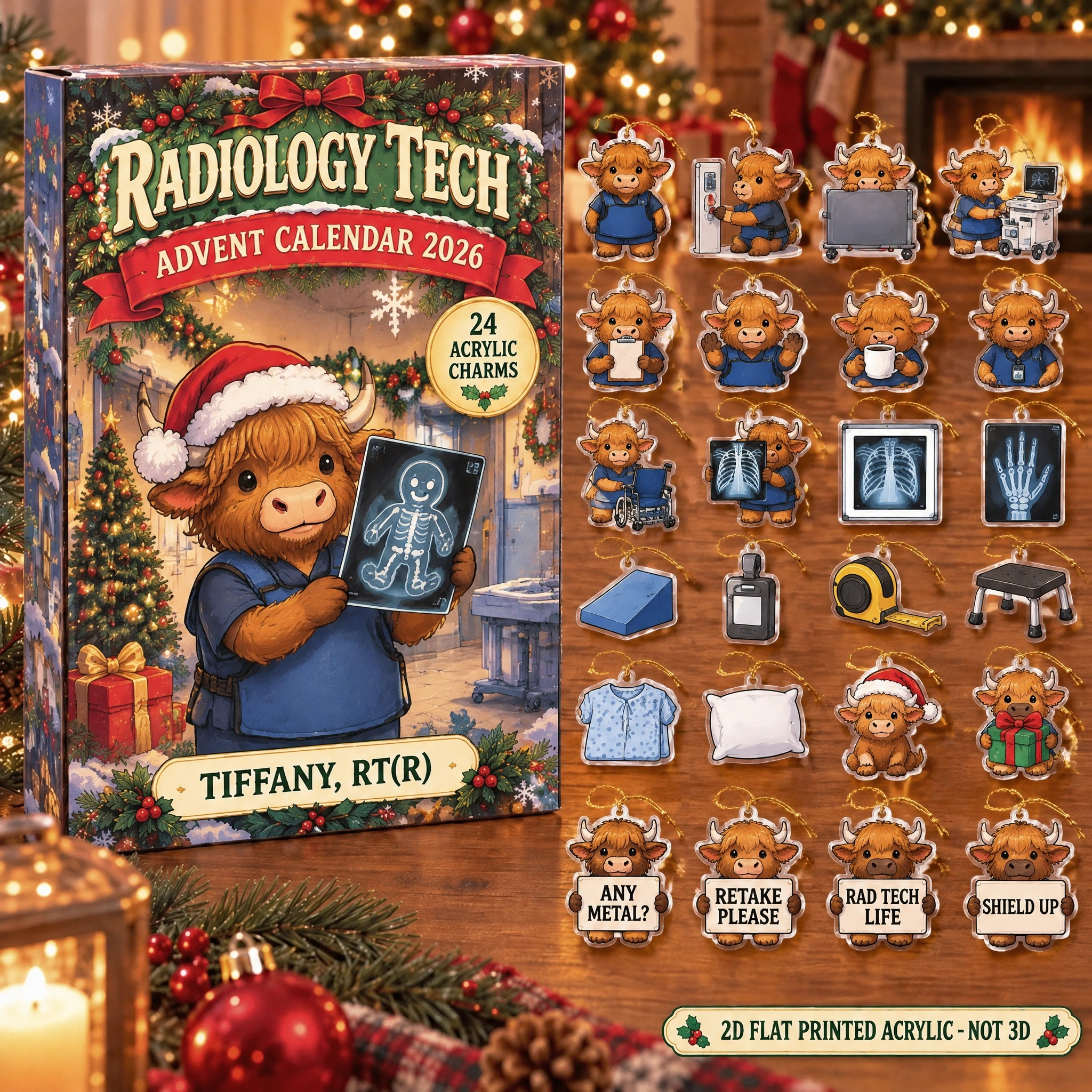 Personalized Radiology Tech Highland Cow advent calendar box with 24 flat acrylic Christmas charms