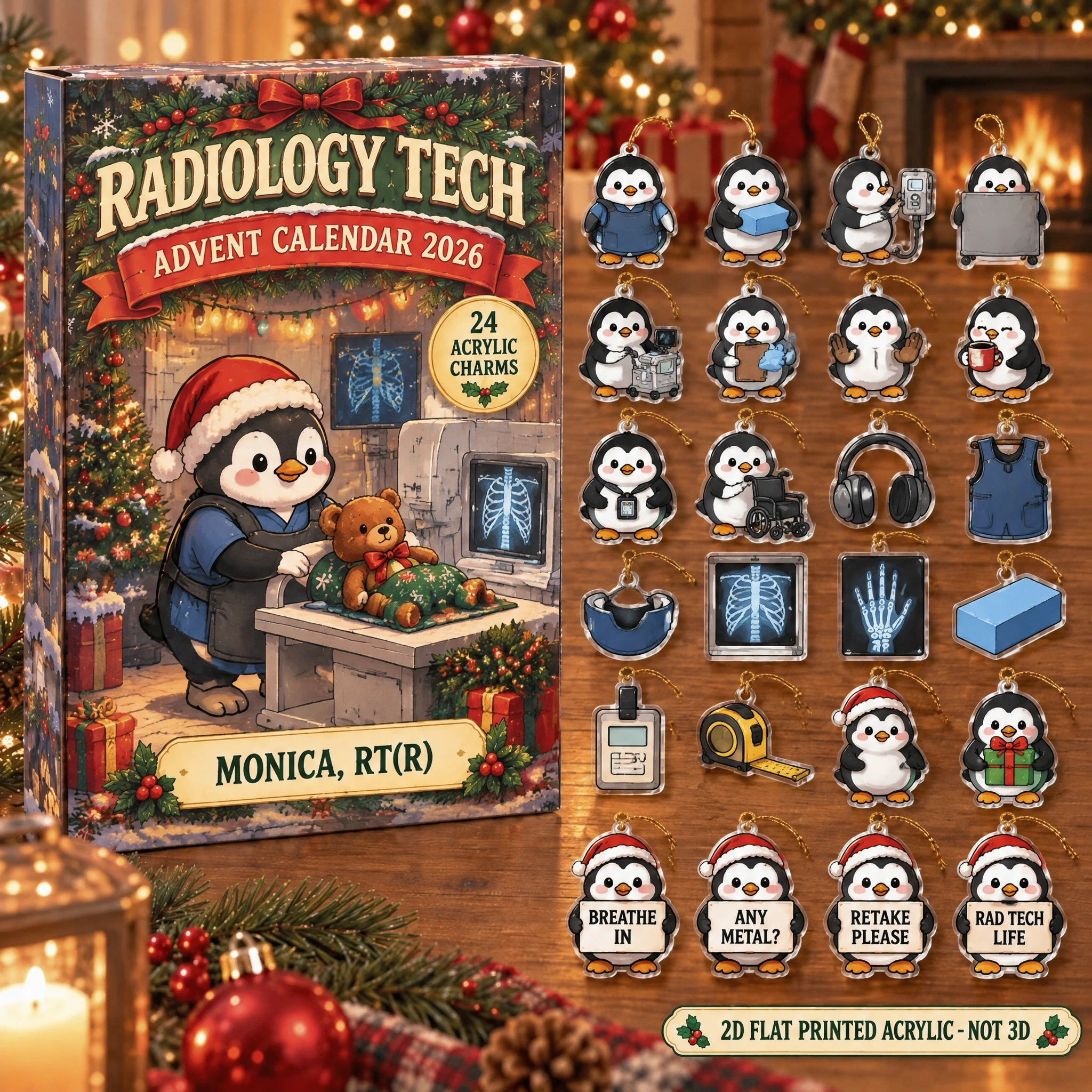 Personalized Radiology Tech Penguin advent calendar box with 24 flat acrylic Christmas charms