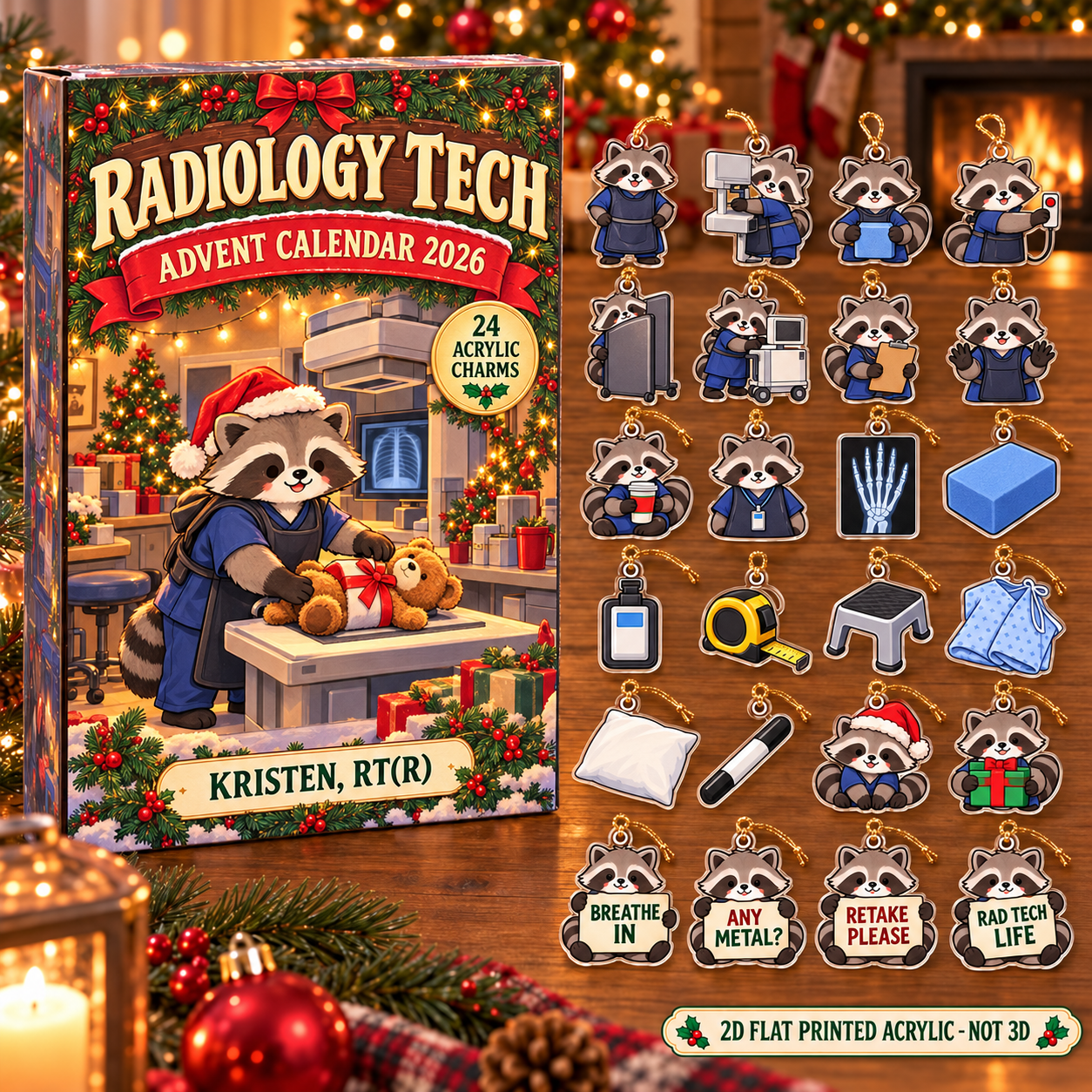 Personalized Radiology Tech Raccoon advent calendar box with 24 flat acrylic Christmas charms