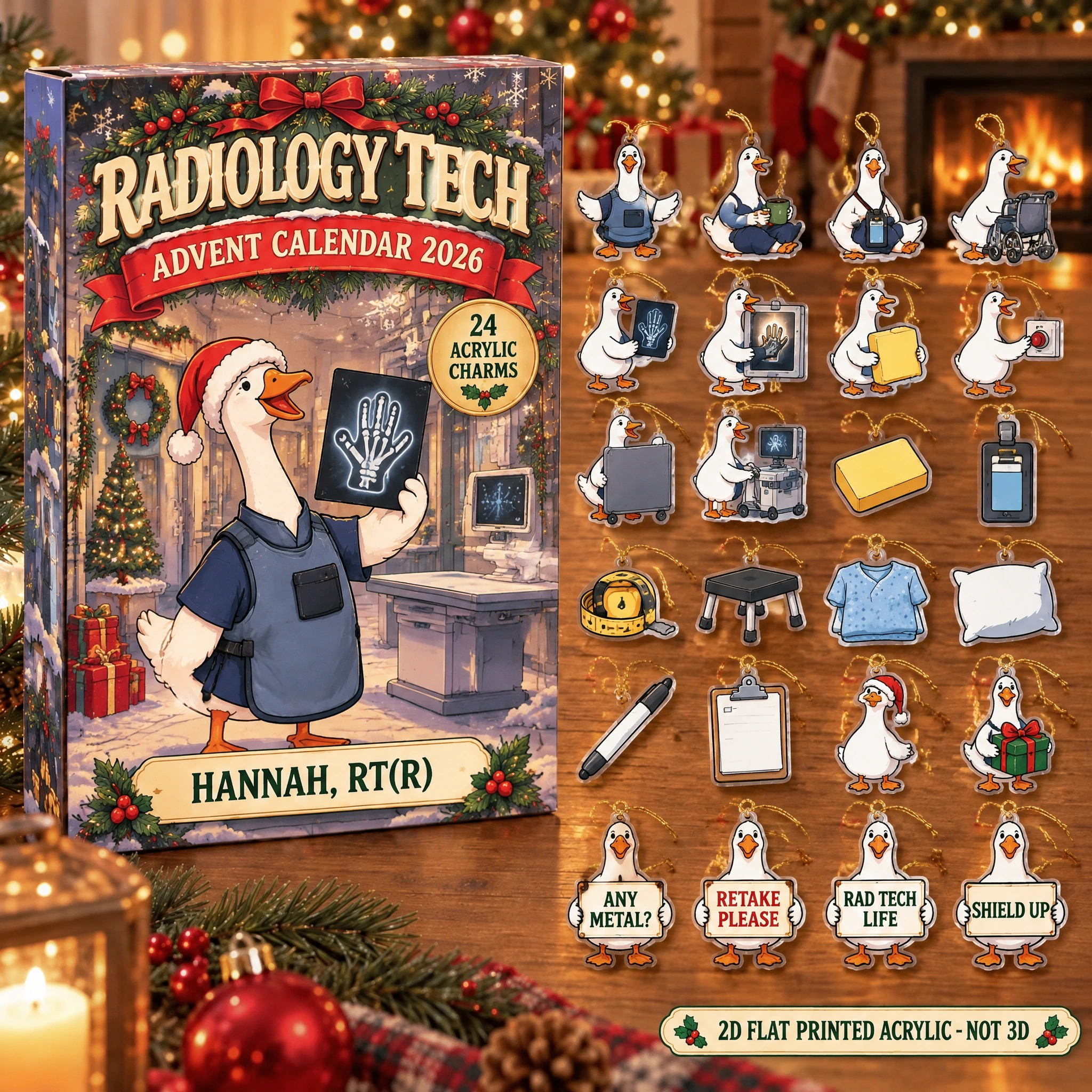 Personalized Radiology Tech Silly Goose advent calendar box with 24 flat acrylic Christmas charms
