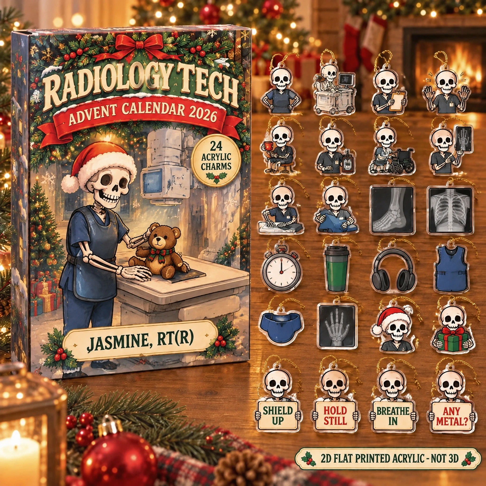 Personalized Radiology Tech Skeleton advent calendar box with 24 flat acrylic Christmas charms