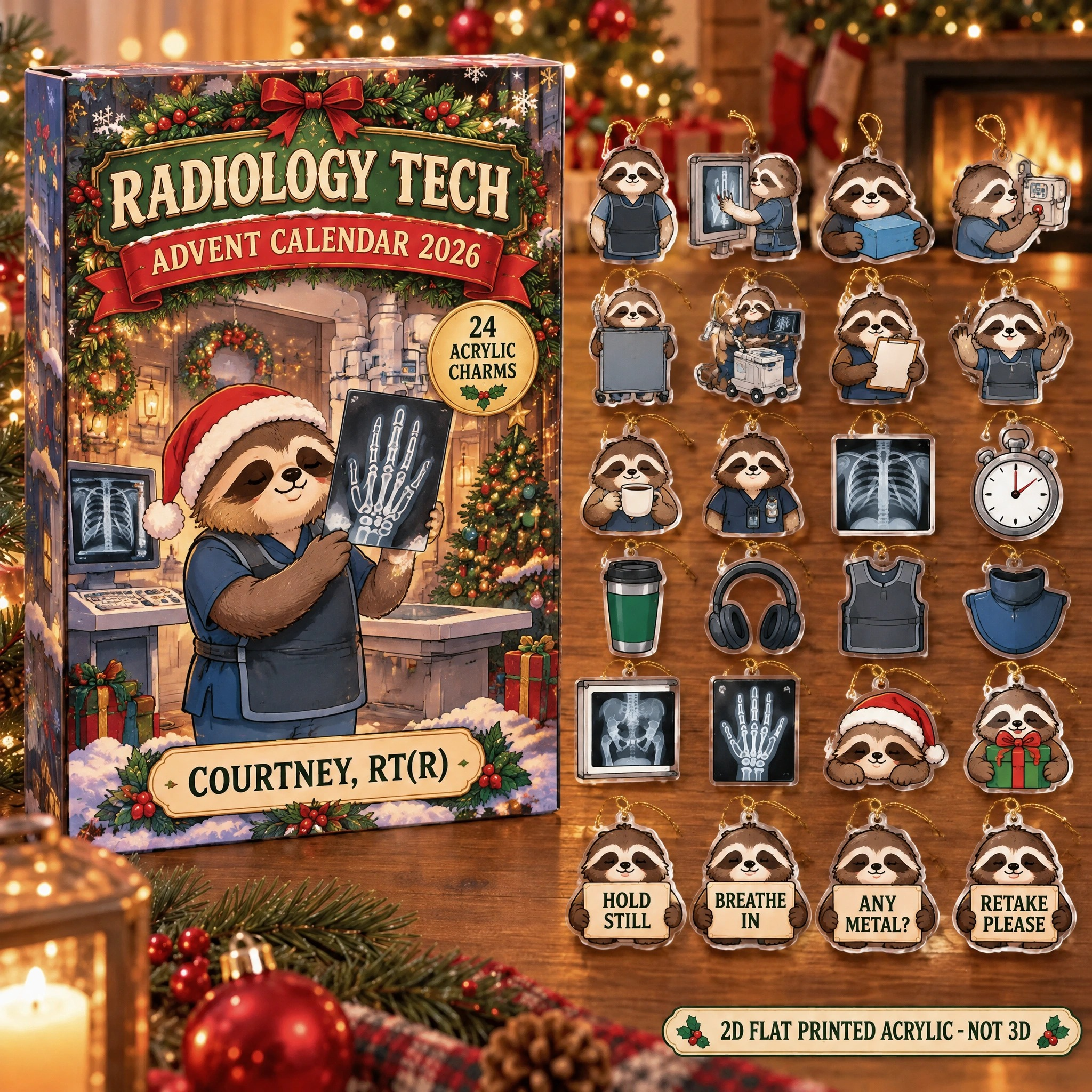 Personalized Radiology Tech Sloth advent calendar box with 24 flat acrylic Christmas charms