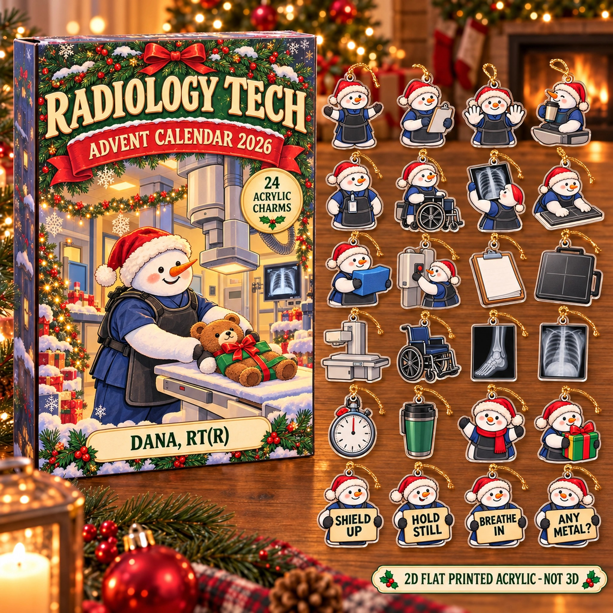 Personalized Radiology Tech Snowman advent calendar box with 24 flat acrylic Christmas charms