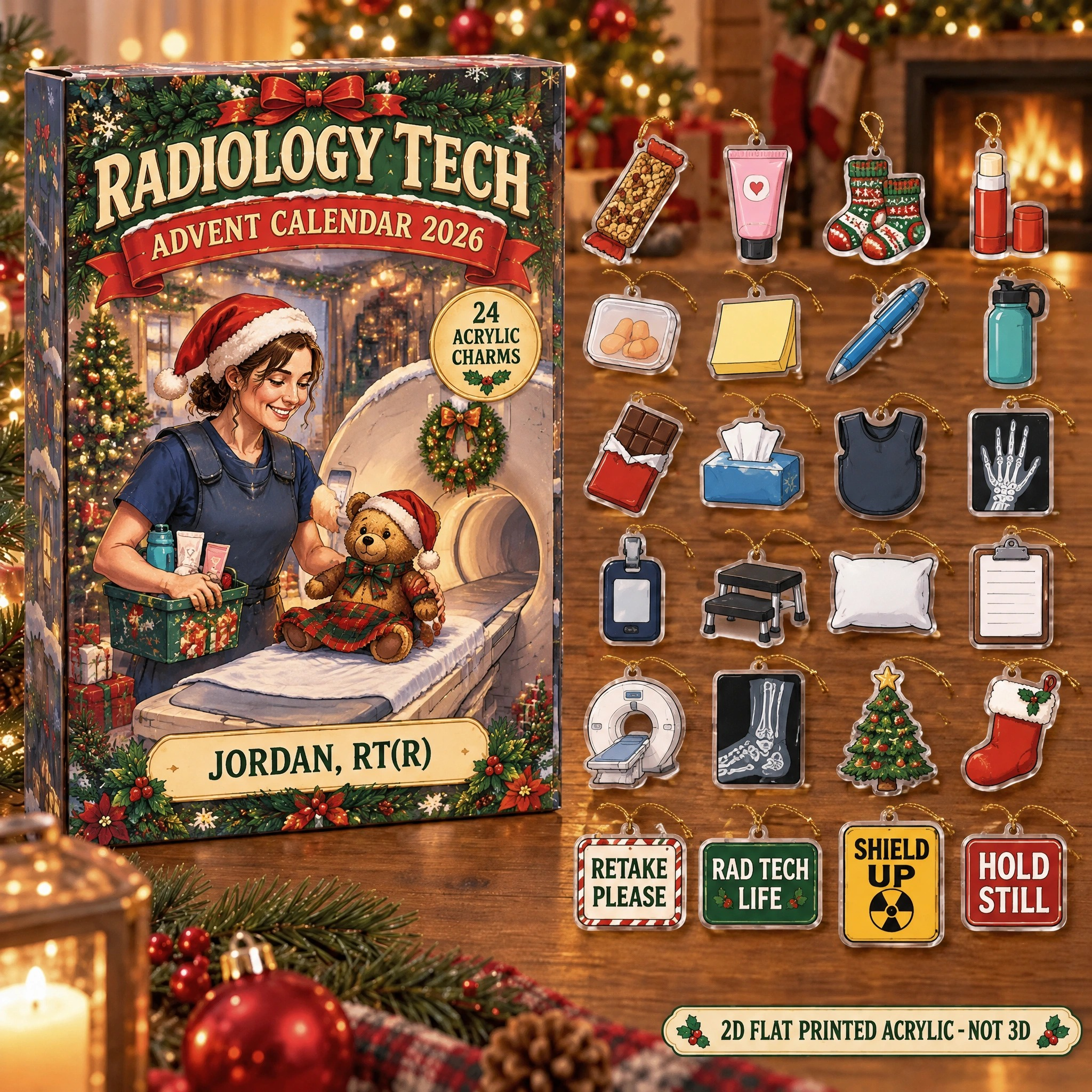 Personalized Radiology Tech Survival Kit advent calendar box with 24 flat acrylic Christmas charms