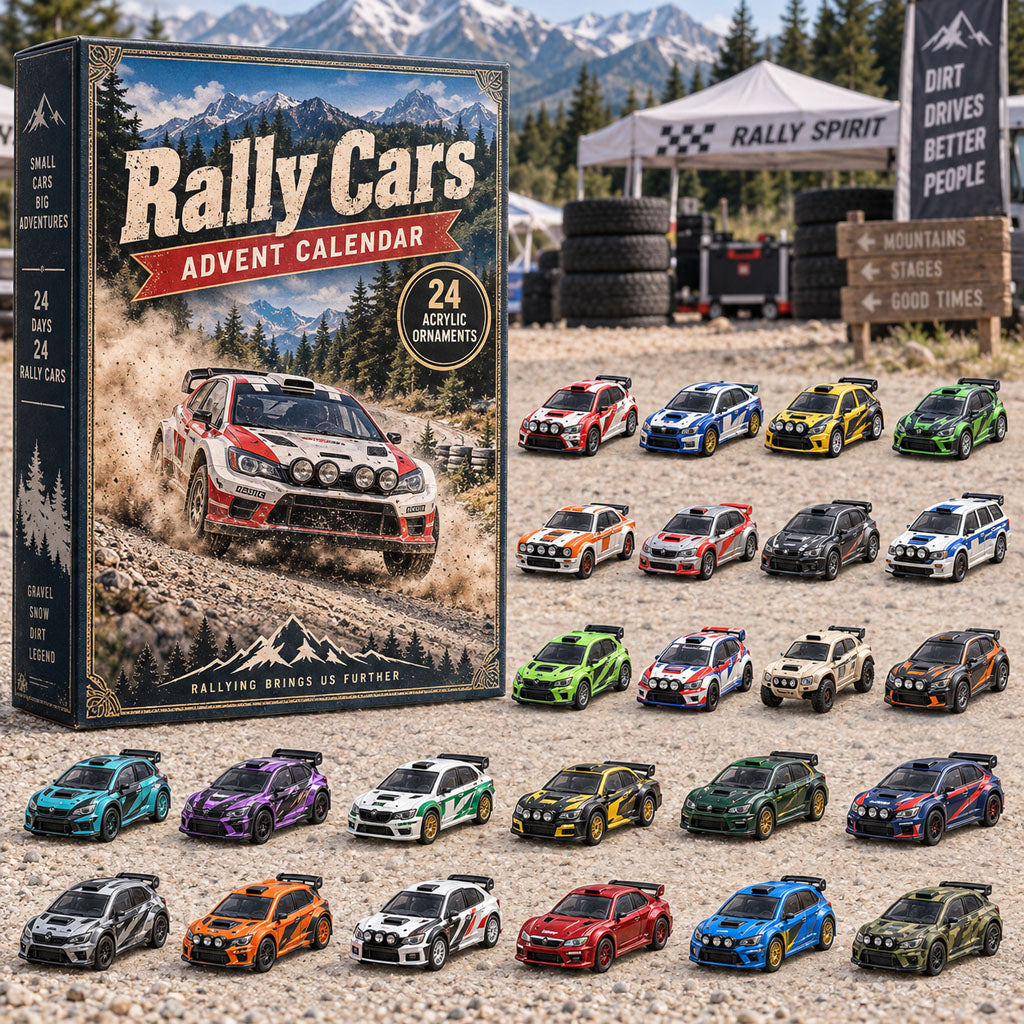 Rally Cars advent calendar box with 24 acrylic Christmas charms