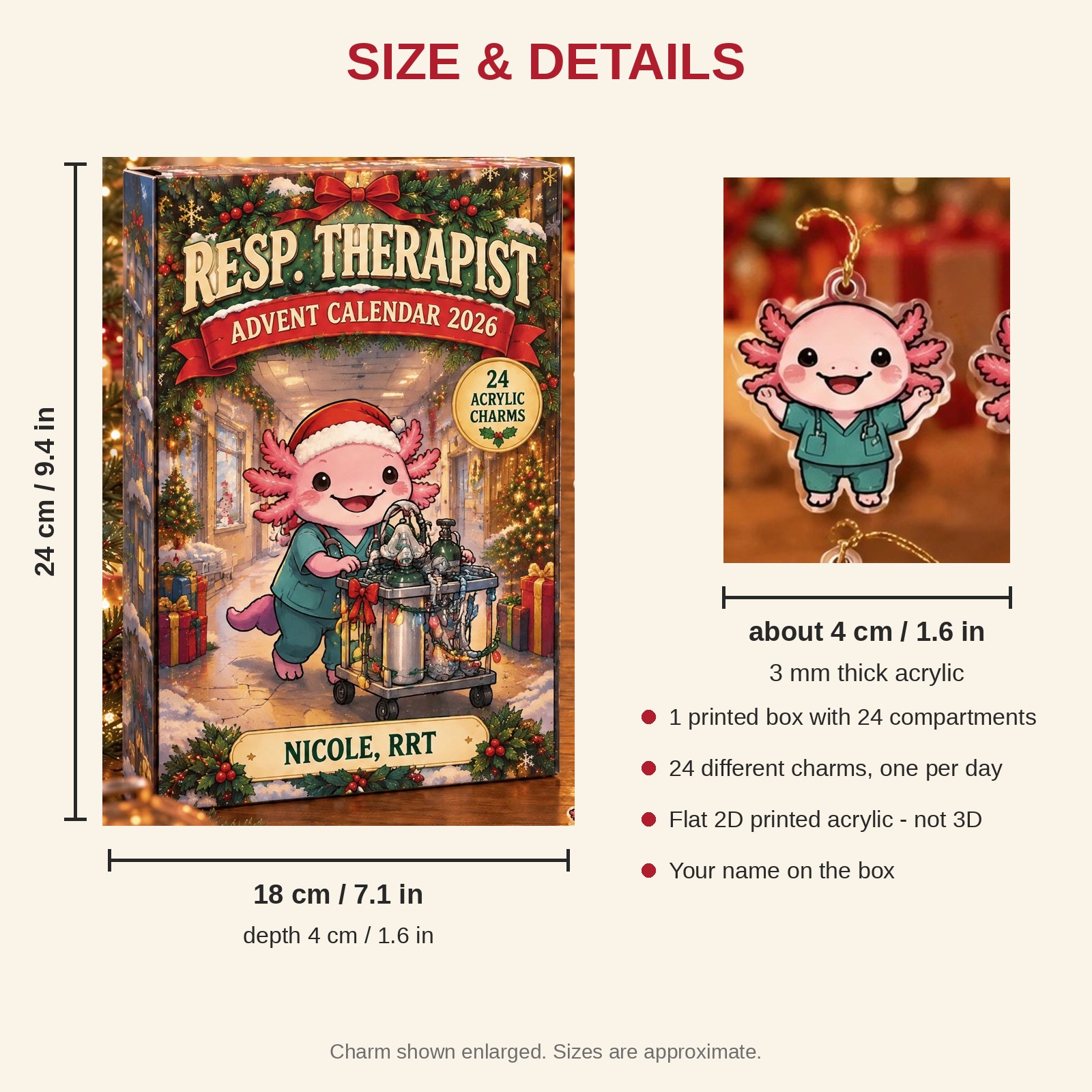 Personalized RT Axolotl advent calendar box with 24 flat acrylic Christmas charms: box and charm sizes
