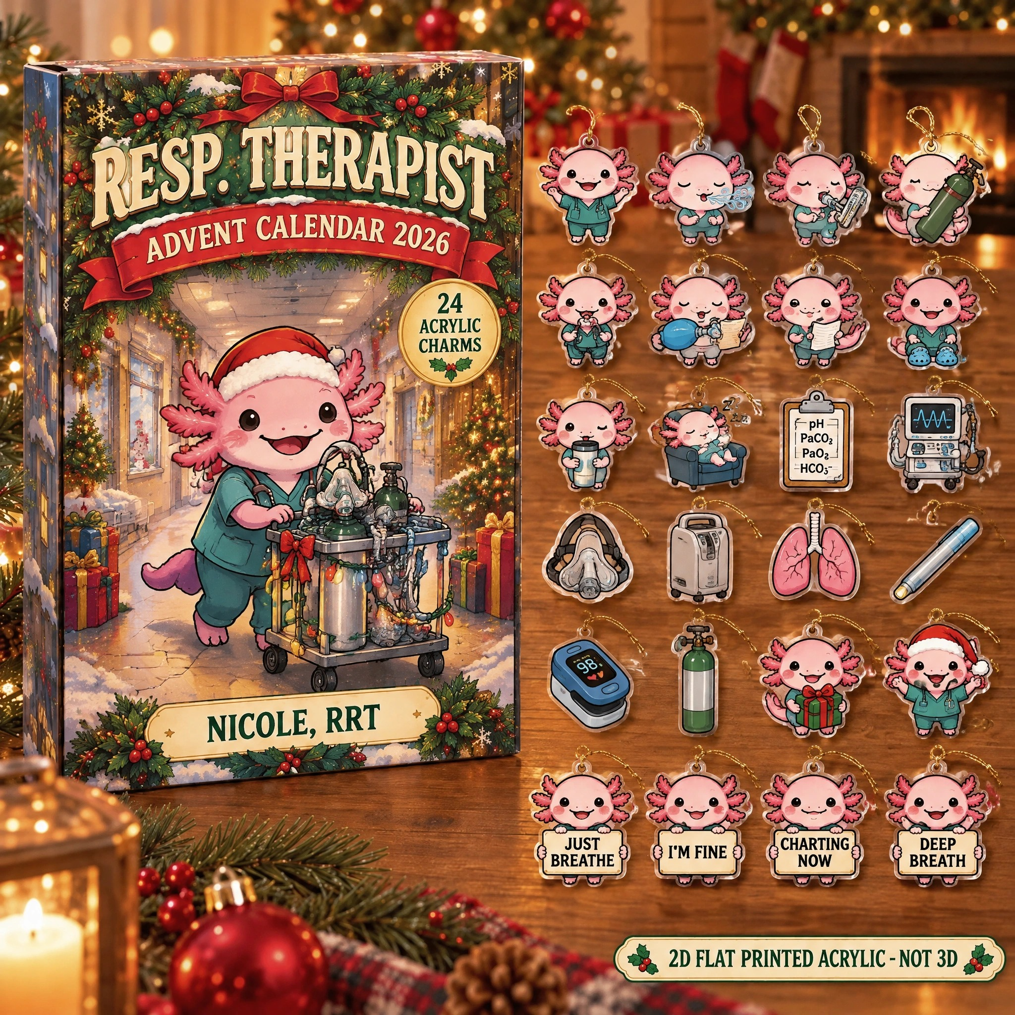 Personalized RT Axolotl advent calendar box with 24 flat acrylic Christmas charms