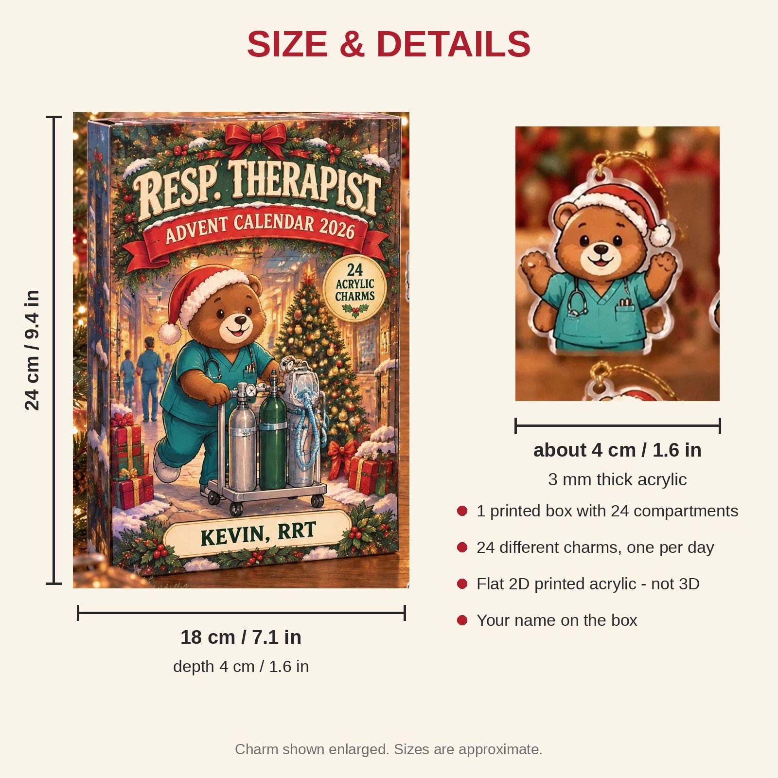 Personalized Respiratory Therapist Bear advent calendar box with 24 flat acrylic Christmas charms: box and charm sizes