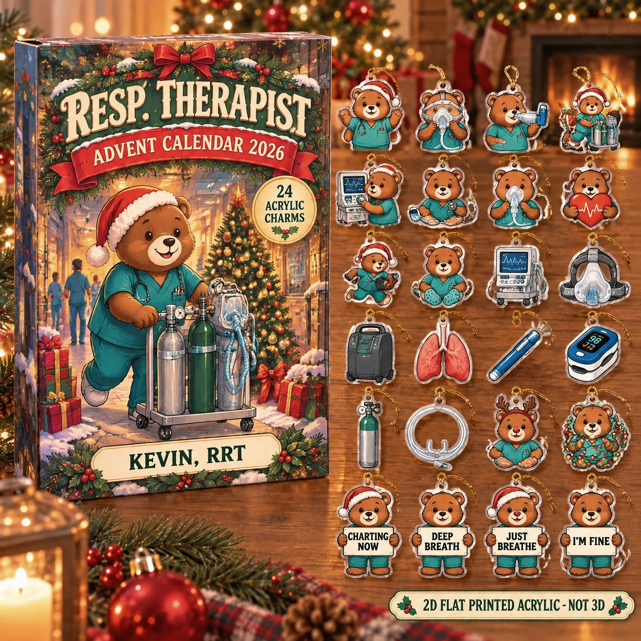 Personalized Respiratory Therapist Bear advent calendar box with 24 flat acrylic Christmas charms