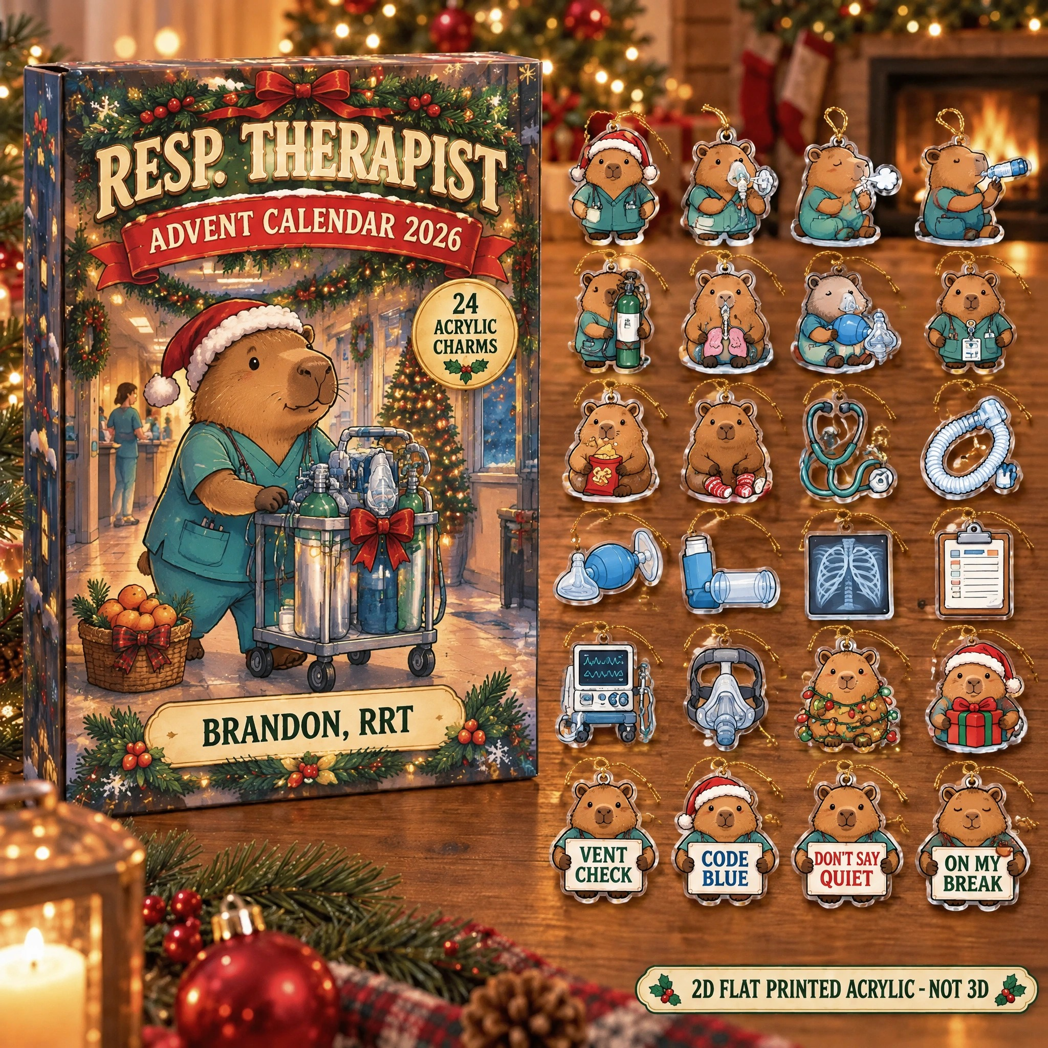 Personalized RT Capybara advent calendar box with 24 flat acrylic Christmas charms