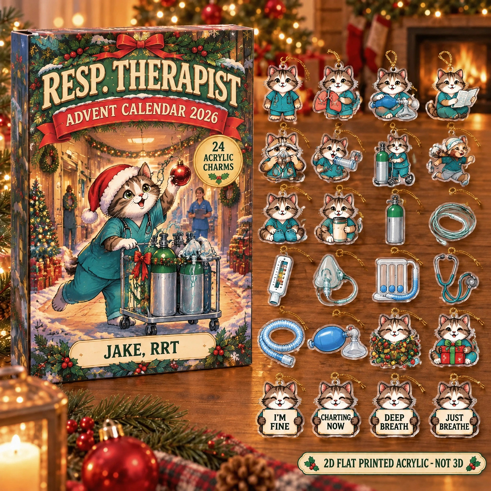 Personalized Respiratory Therapist Cat advent calendar box with 24 flat acrylic Christmas charms