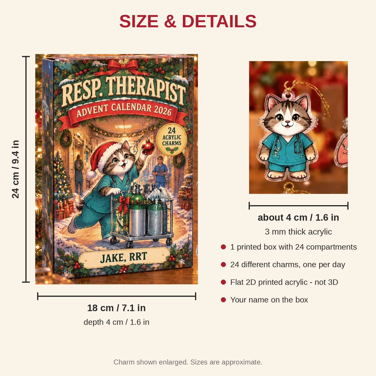 Personalized Respiratory Therapist Cat advent calendar box with 24 flat acrylic Christmas charms: box and charm sizes