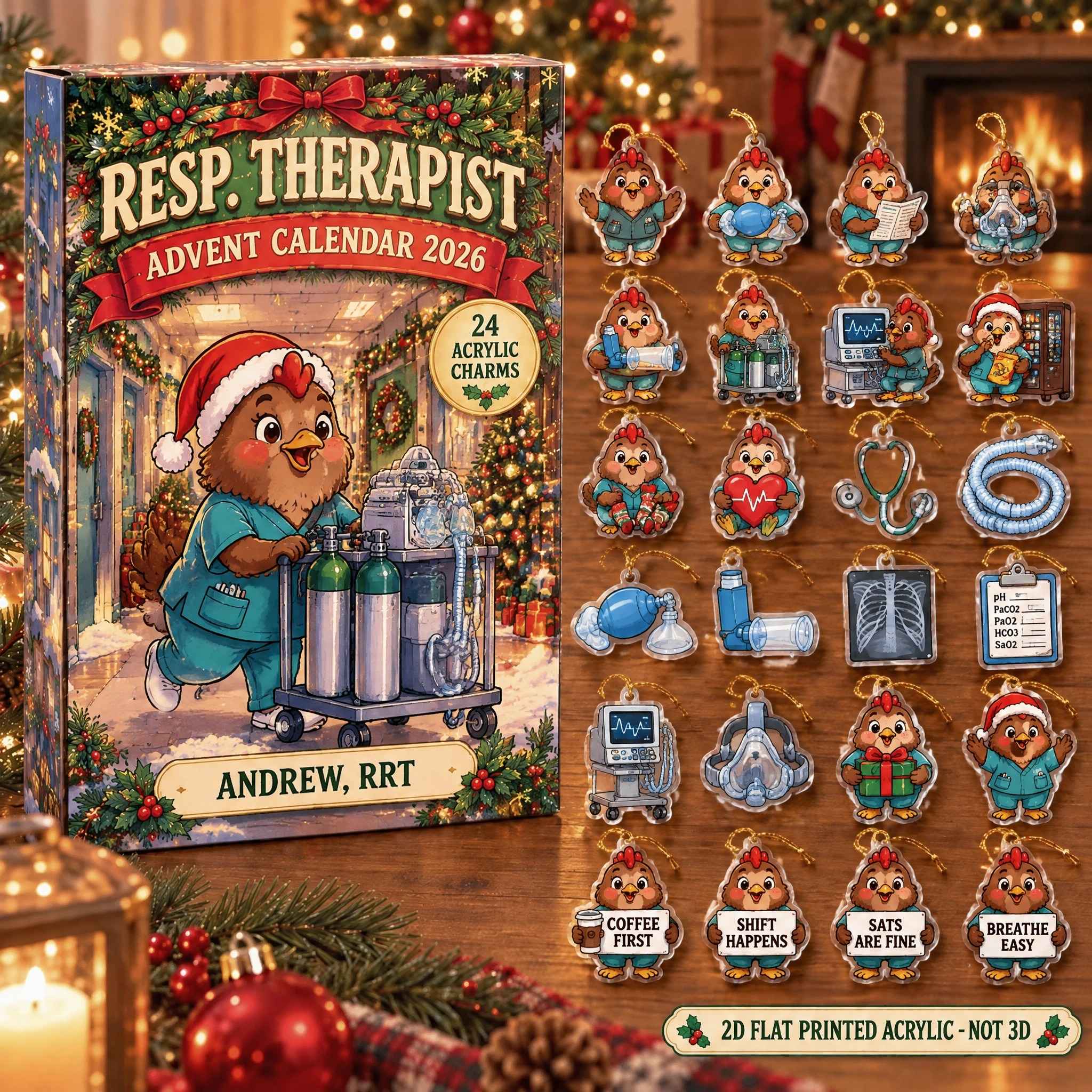 Personalized RT Chicken advent calendar box with 24 flat acrylic Christmas charms