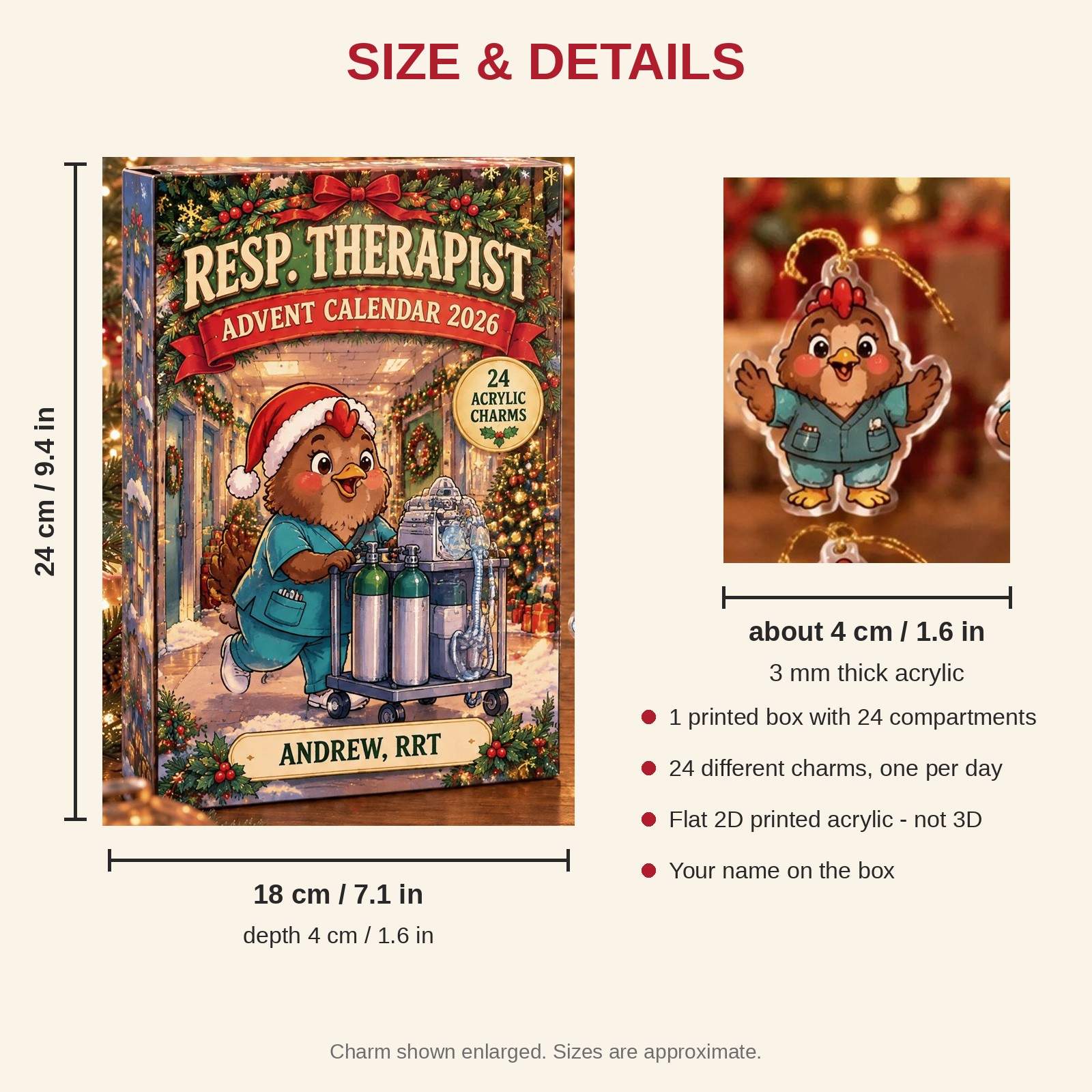 Personalized RT Chicken advent calendar box with 24 flat acrylic Christmas charms: box and charm sizes