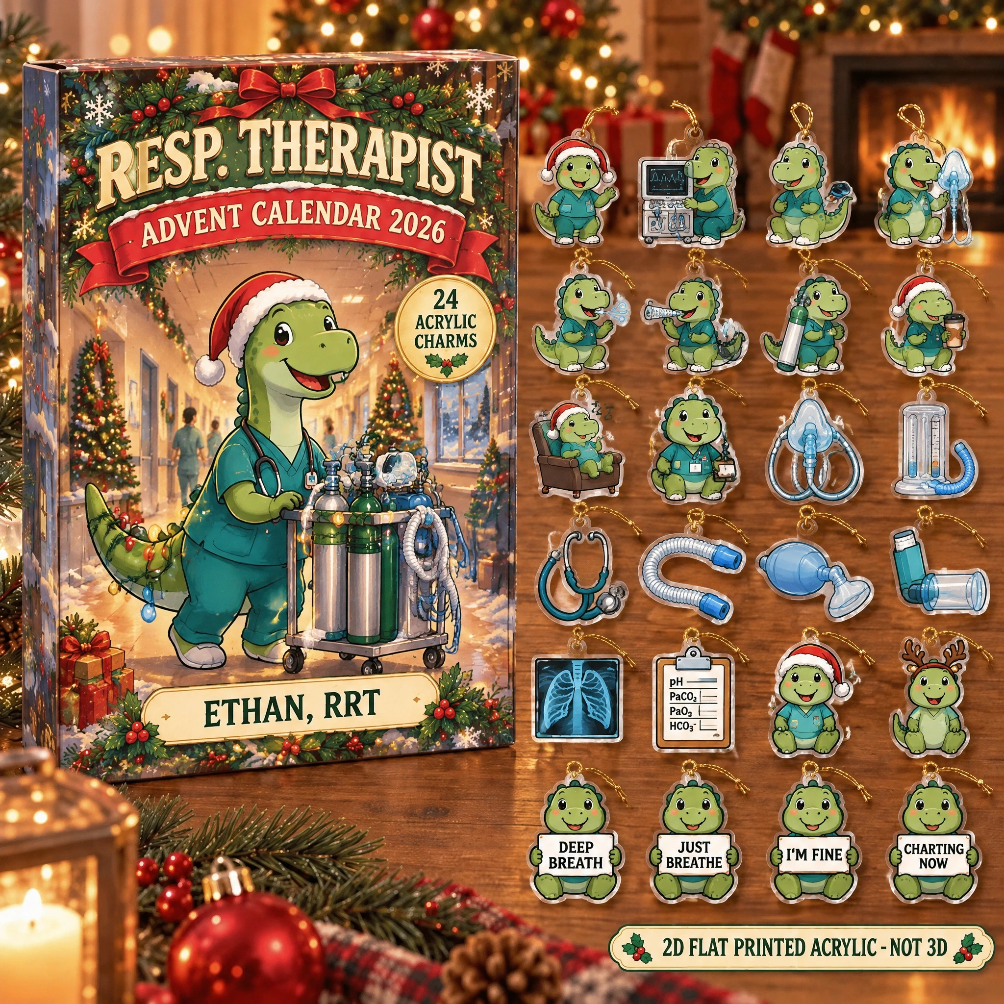 Personalized RT Dinosaur advent calendar box with 24 flat acrylic Christmas charms