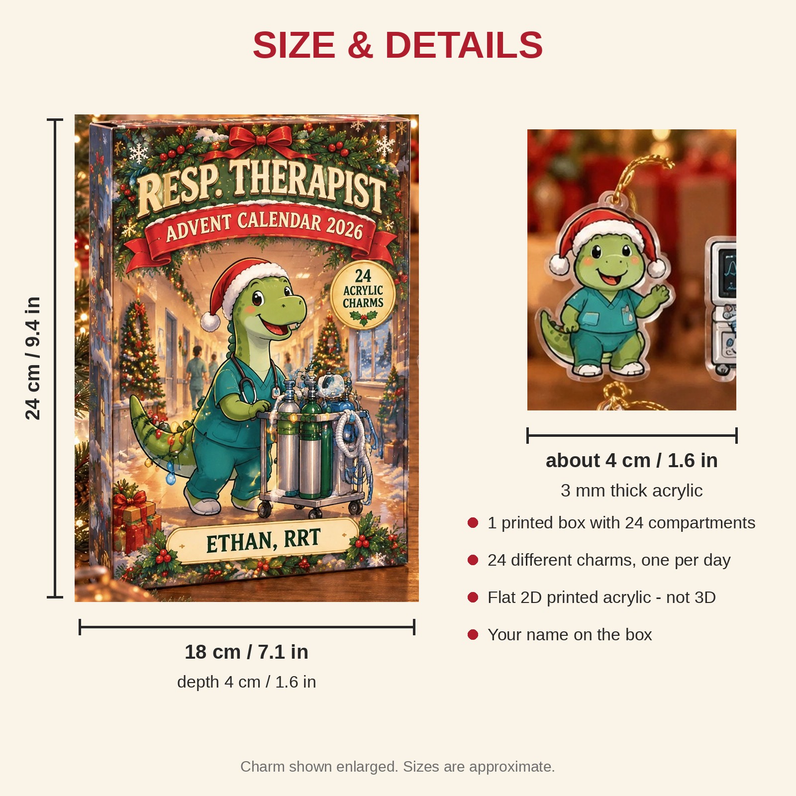 Personalized RT Dinosaur advent calendar box with 24 flat acrylic Christmas charms: box and charm sizes