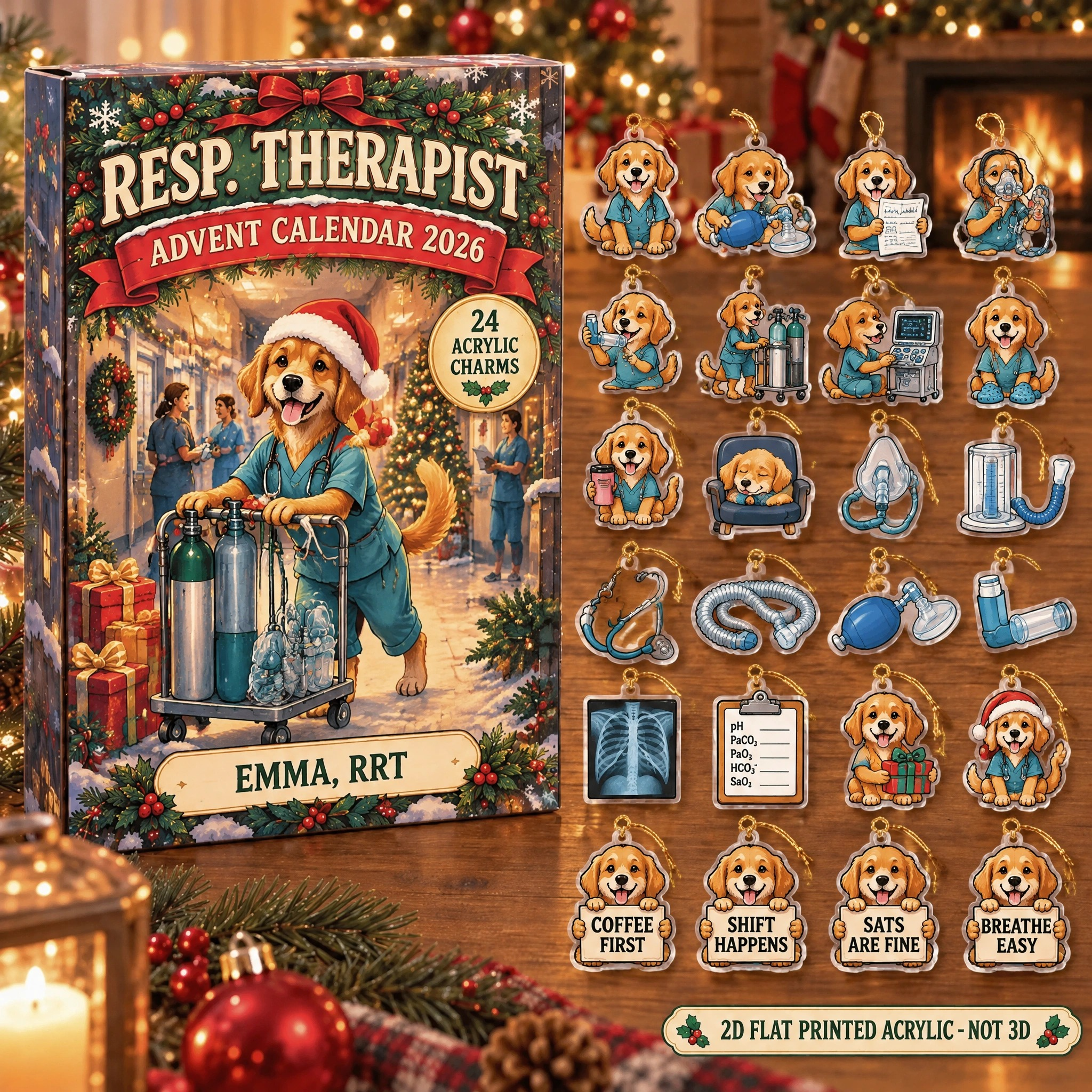 Personalized Respiratory Therapist Dog advent calendar box with 24 flat acrylic Christmas charms