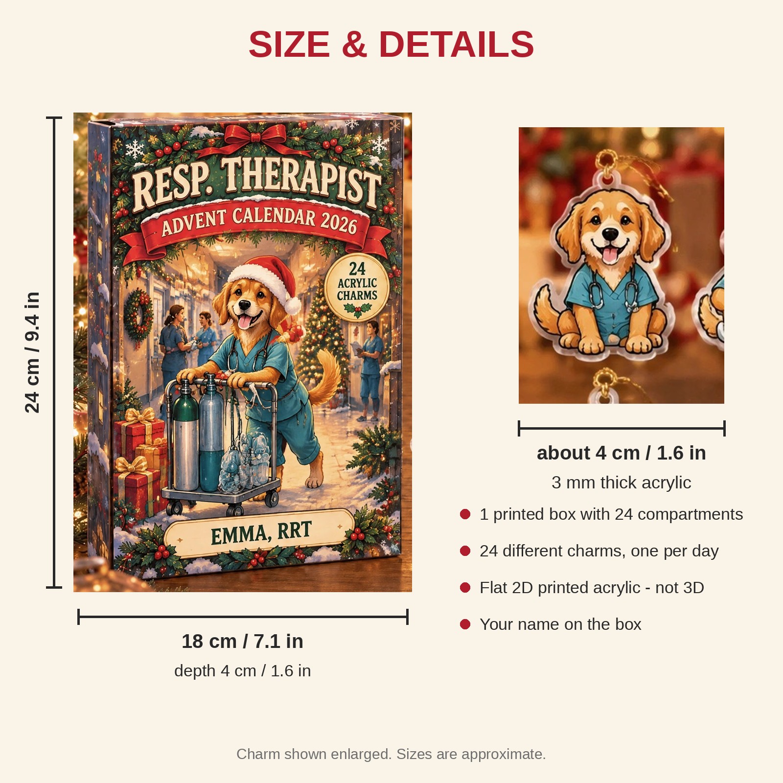 Personalized Respiratory Therapist Dog advent calendar box with 24 flat acrylic Christmas charms: box and charm sizes