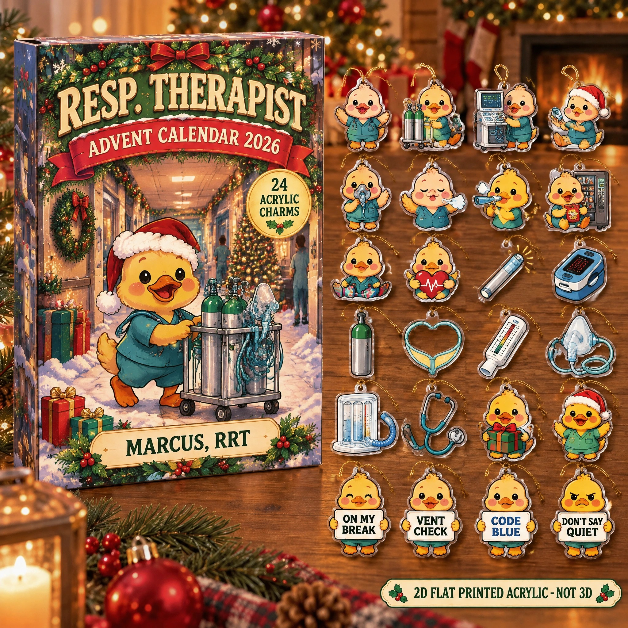 Personalized Respiratory Therapist Duck advent calendar box with 24 flat acrylic Christmas charms