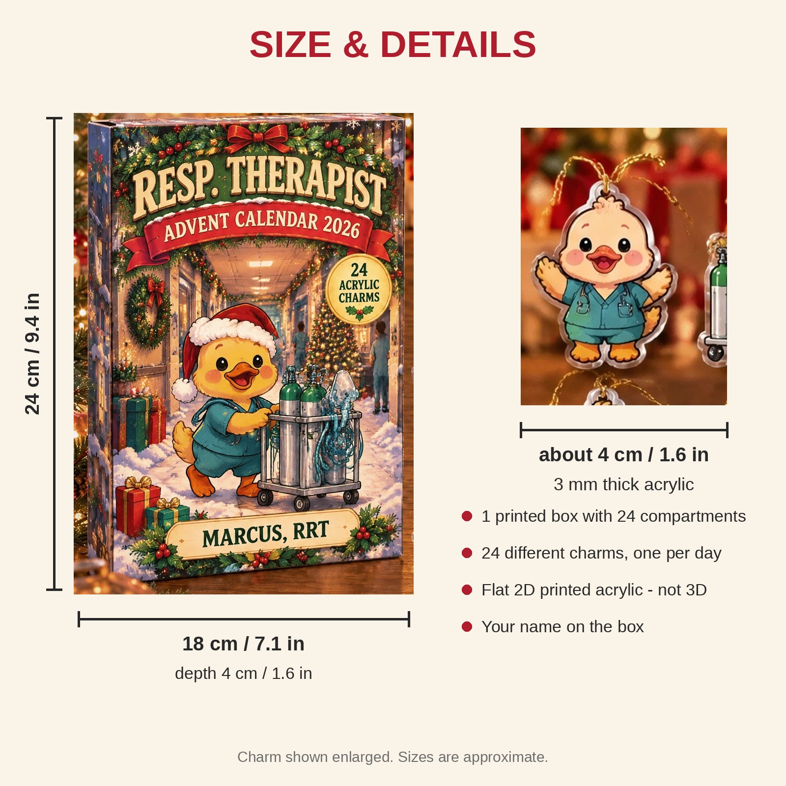Personalized Respiratory Therapist Duck advent calendar box with 24 flat acrylic Christmas charms: box and charm sizes