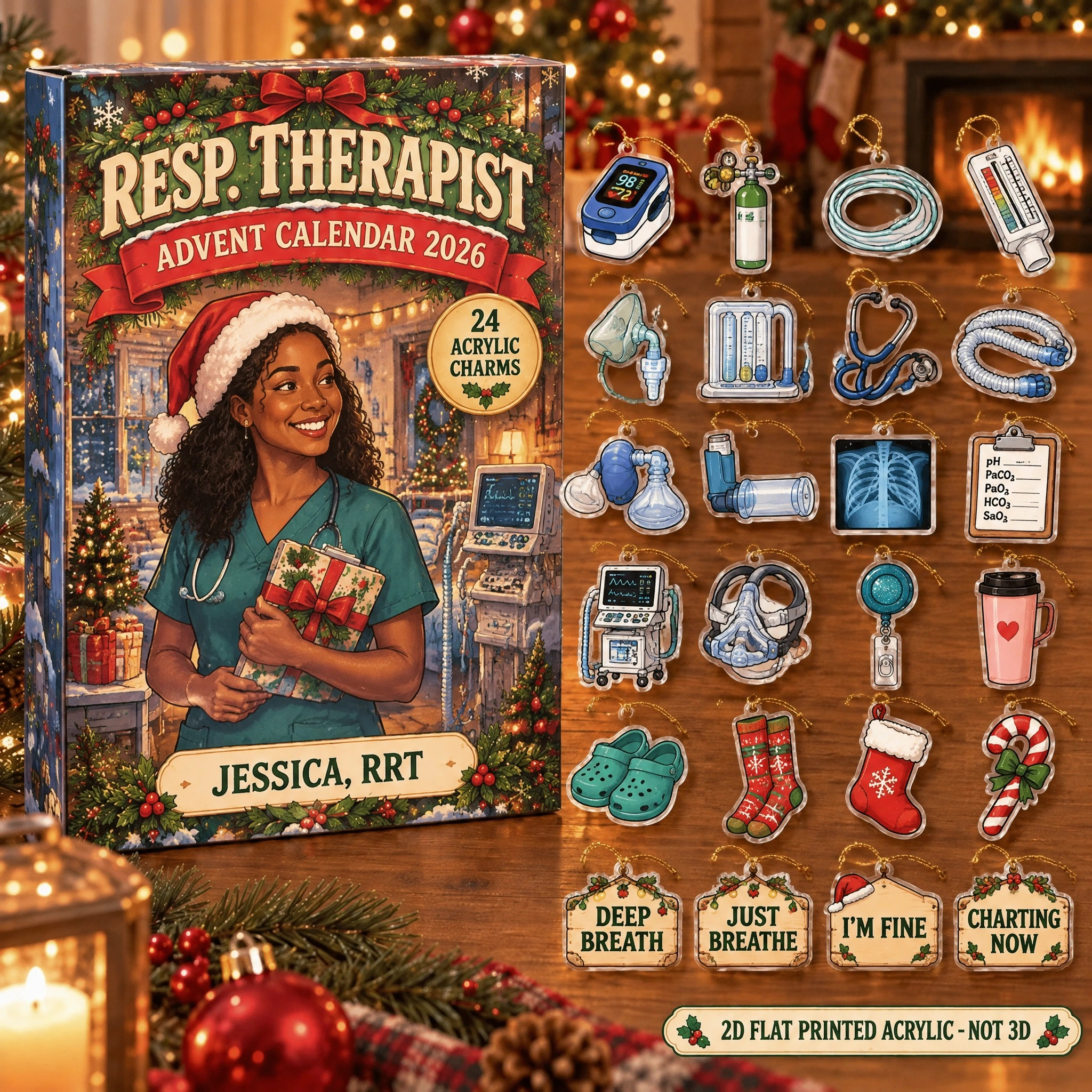 Personalized RT Essentials advent calendar box with 24 flat acrylic Christmas charms