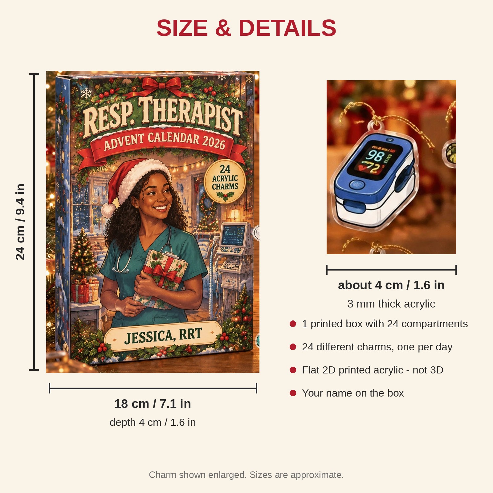 Personalized RT Essentials advent calendar box with 24 flat acrylic Christmas charms: box and charm sizes