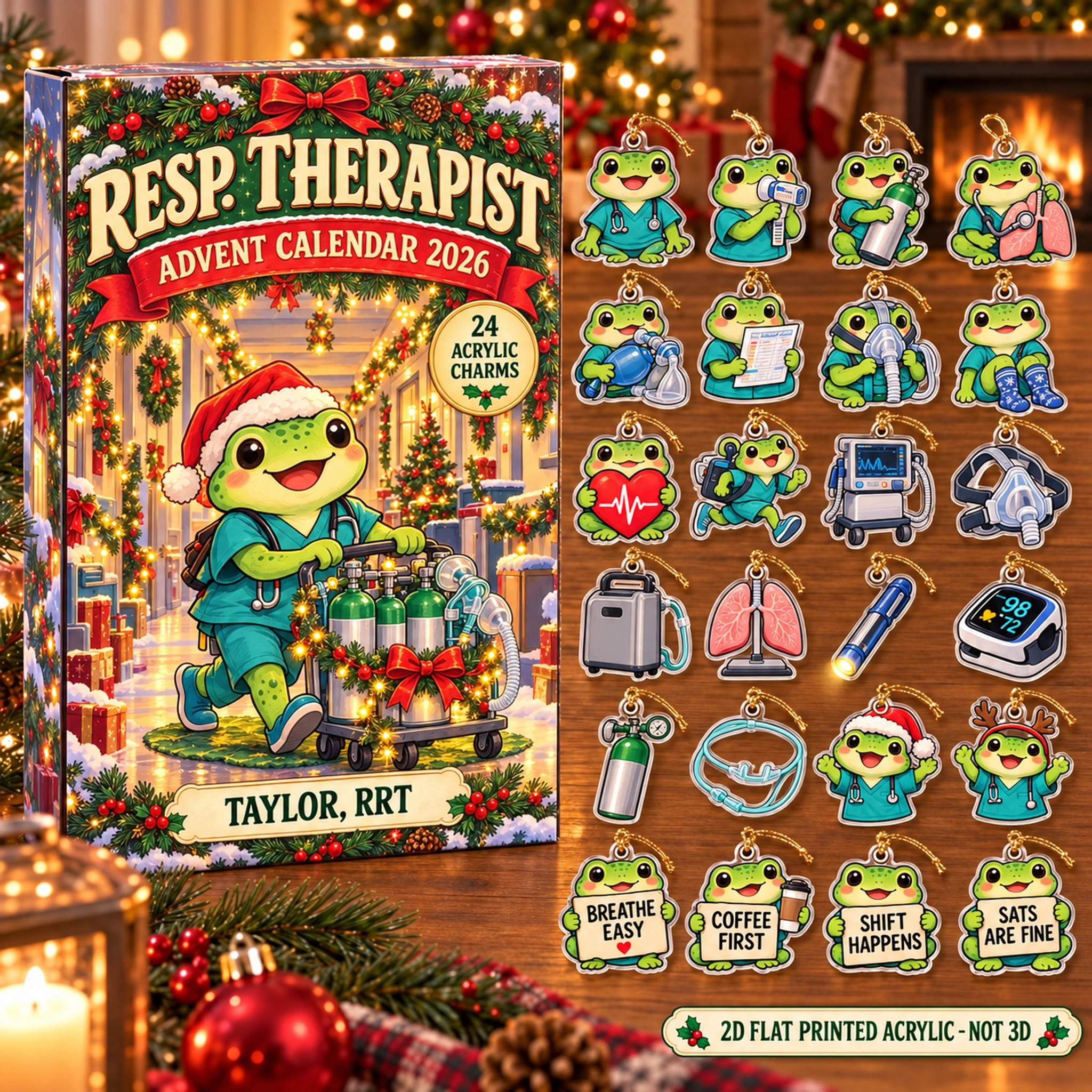 Personalized Respiratory Therapist Frog advent calendar box with 24 flat acrylic Christmas charms