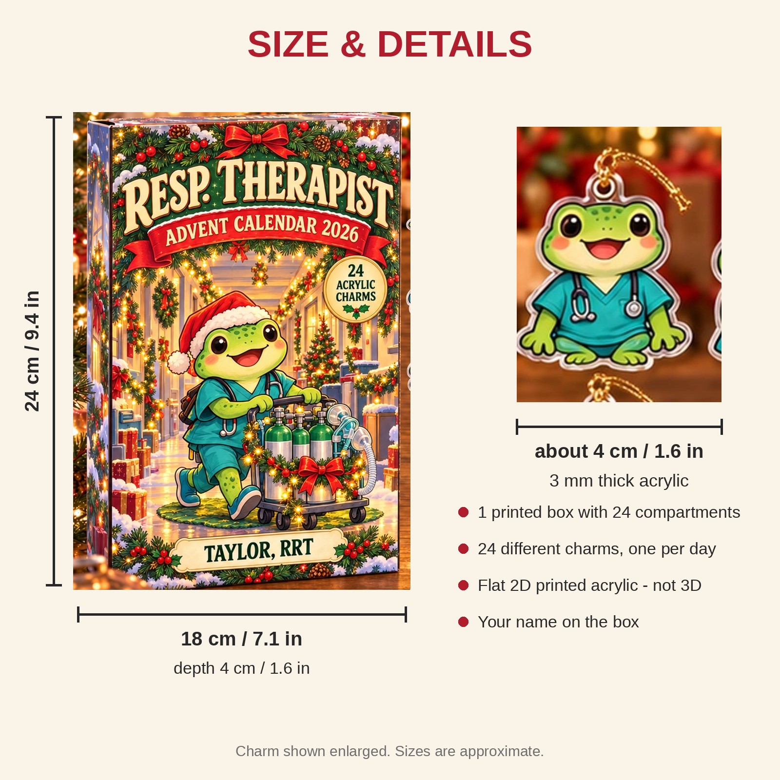 Personalized Respiratory Therapist Frog advent calendar box with 24 flat acrylic Christmas charms: box and charm sizes