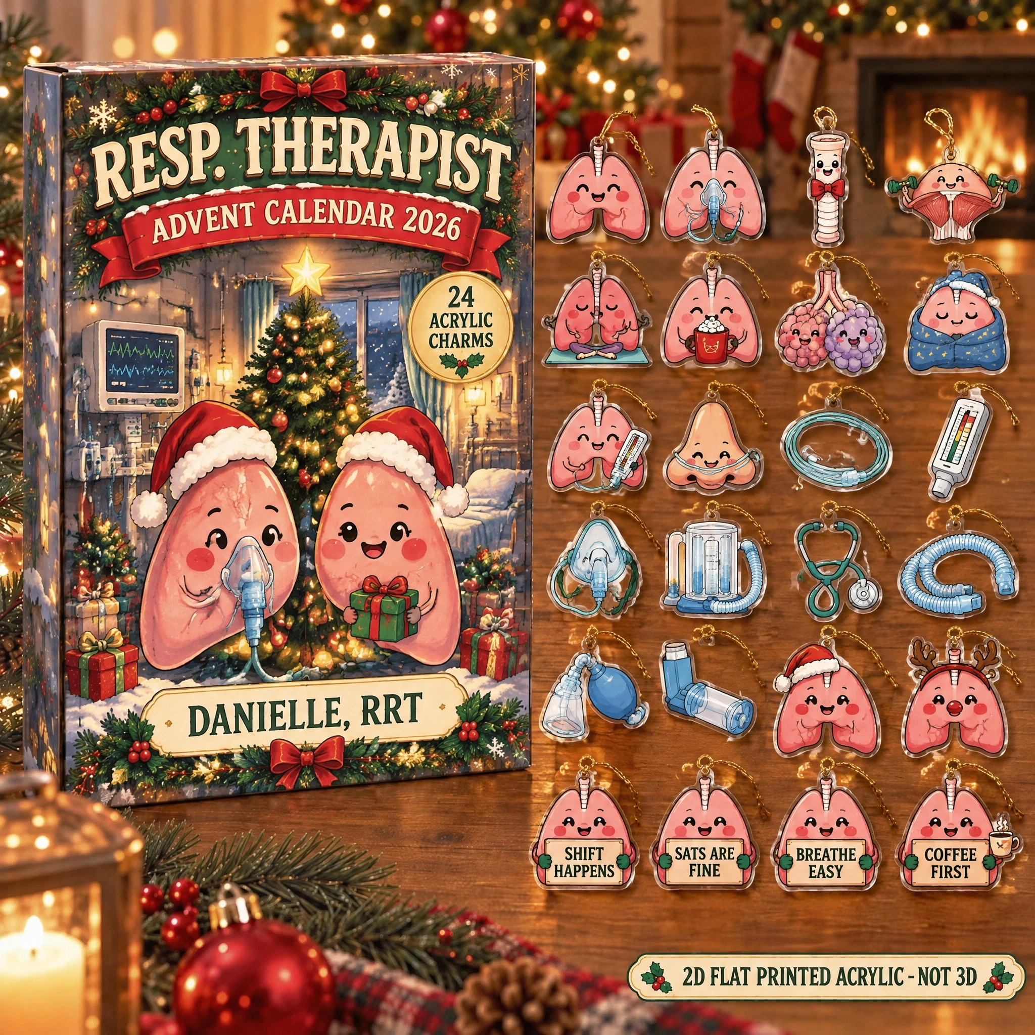 Personalized Funny Anatomy RT advent calendar box with 24 flat acrylic Christmas charms