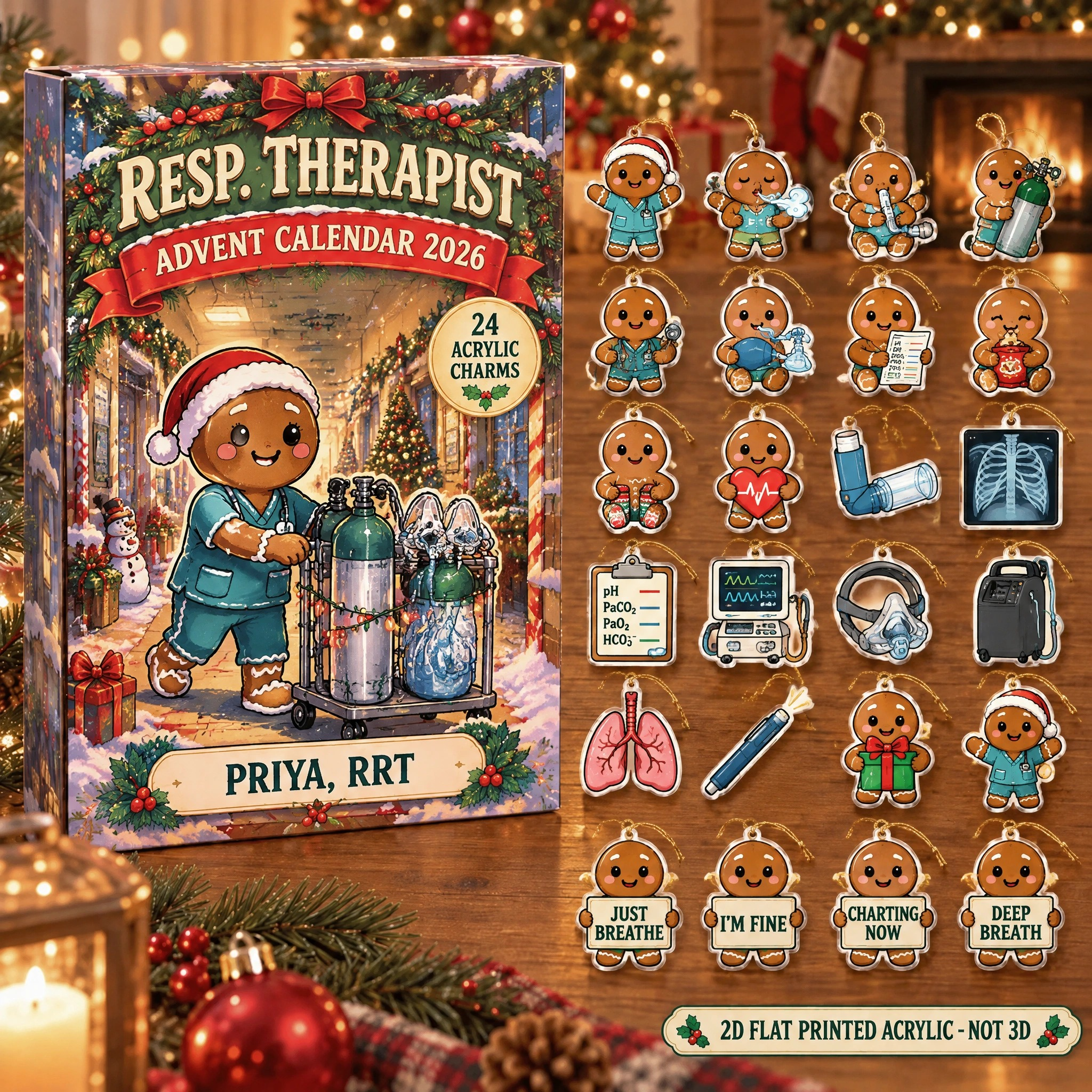 Personalized Gingerbread RT advent calendar box with 24 flat acrylic Christmas charms