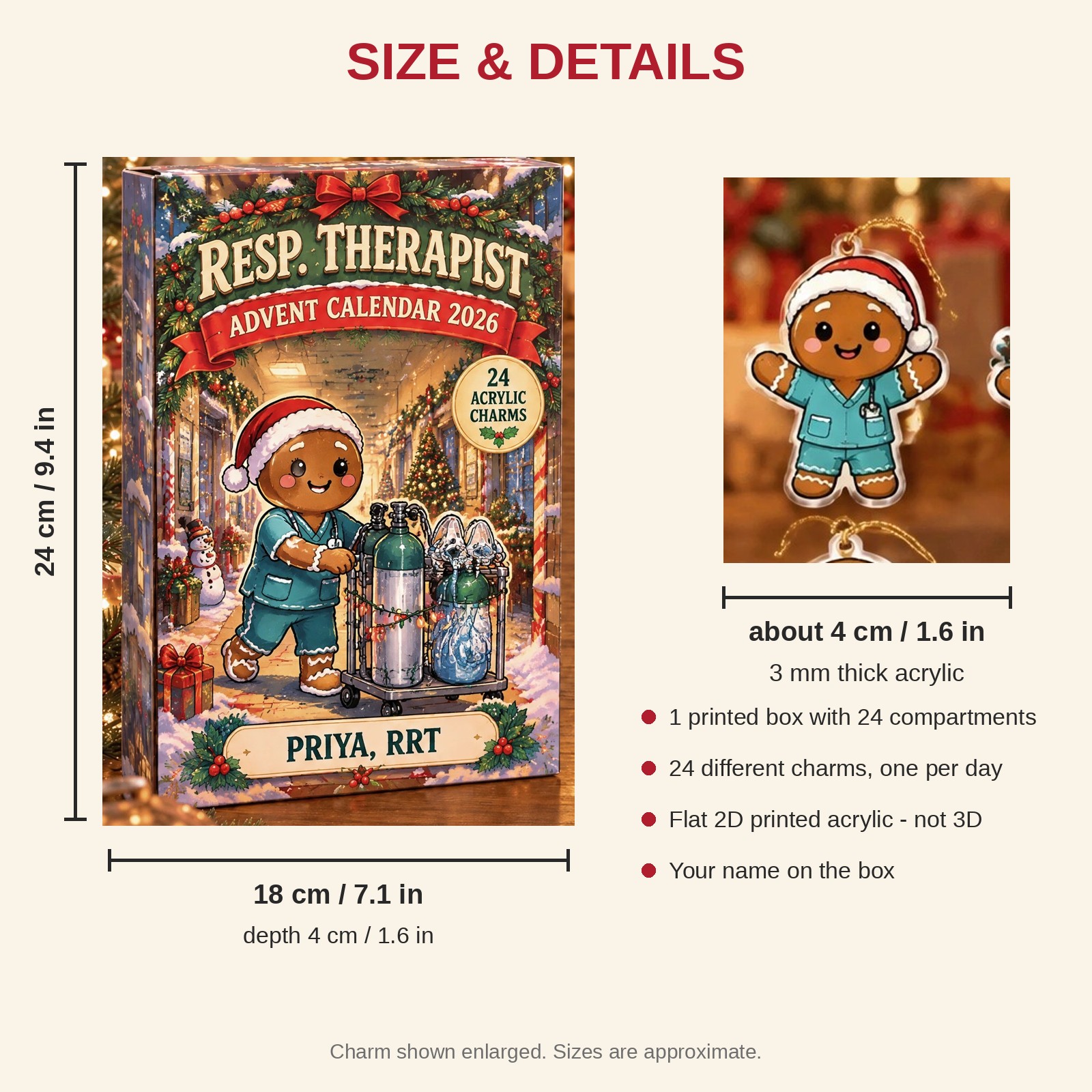 Personalized Gingerbread RT advent calendar box with 24 flat acrylic Christmas charms: box and charm sizes