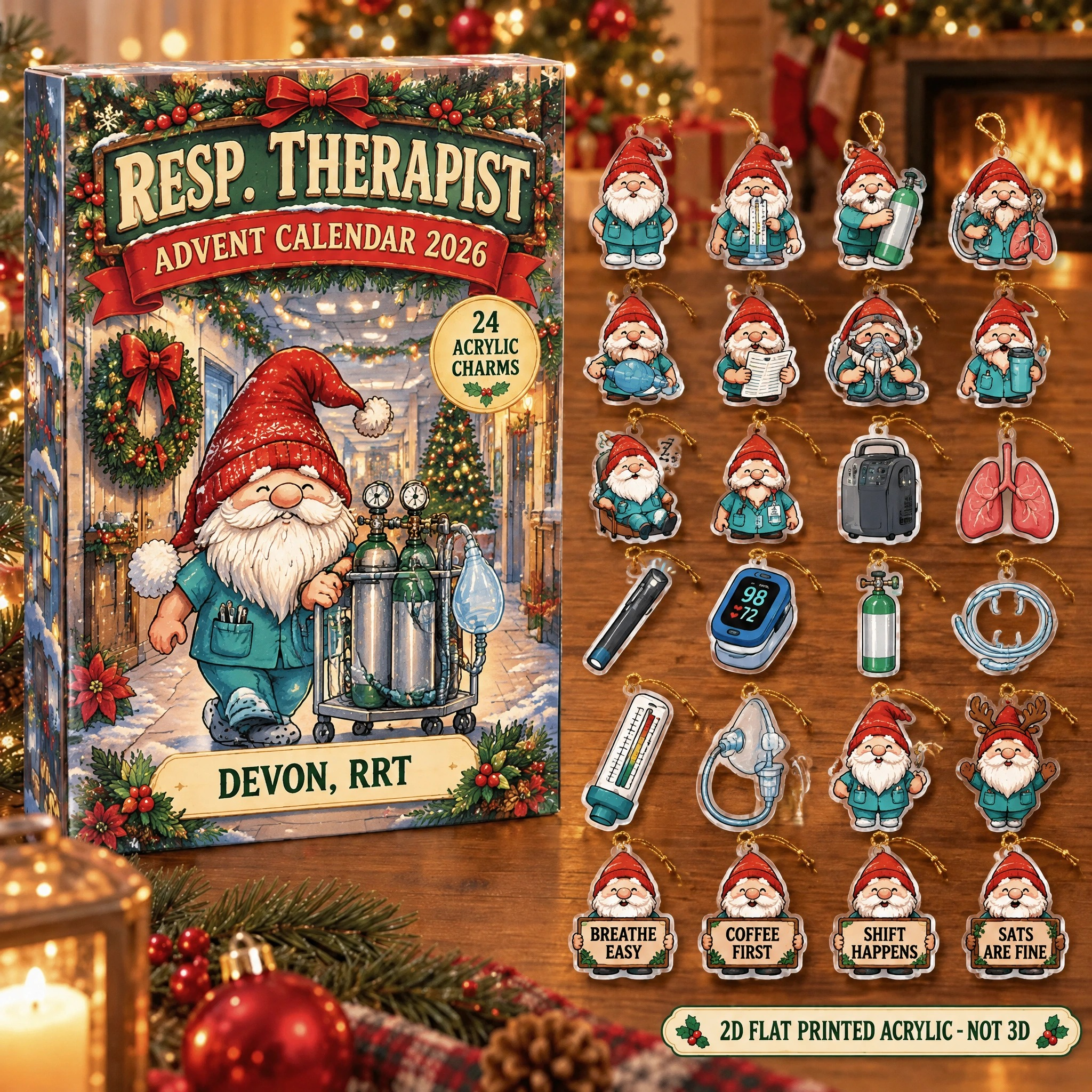 Personalized Respiratory Therapist Gnome advent calendar box with 24 flat acrylic Christmas charms