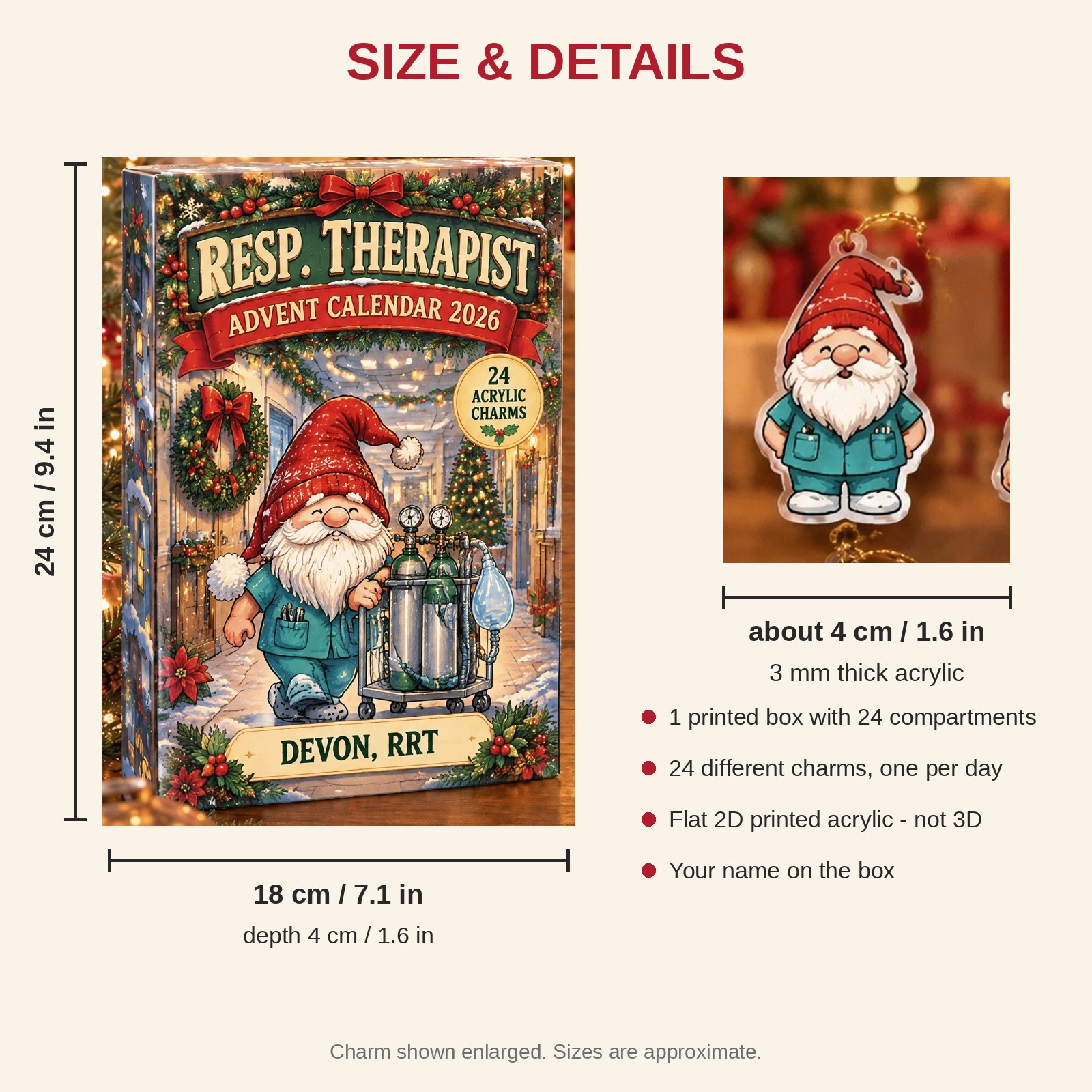 Personalized Respiratory Therapist Gnome advent calendar box with 24 flat acrylic Christmas charms: box and charm sizes