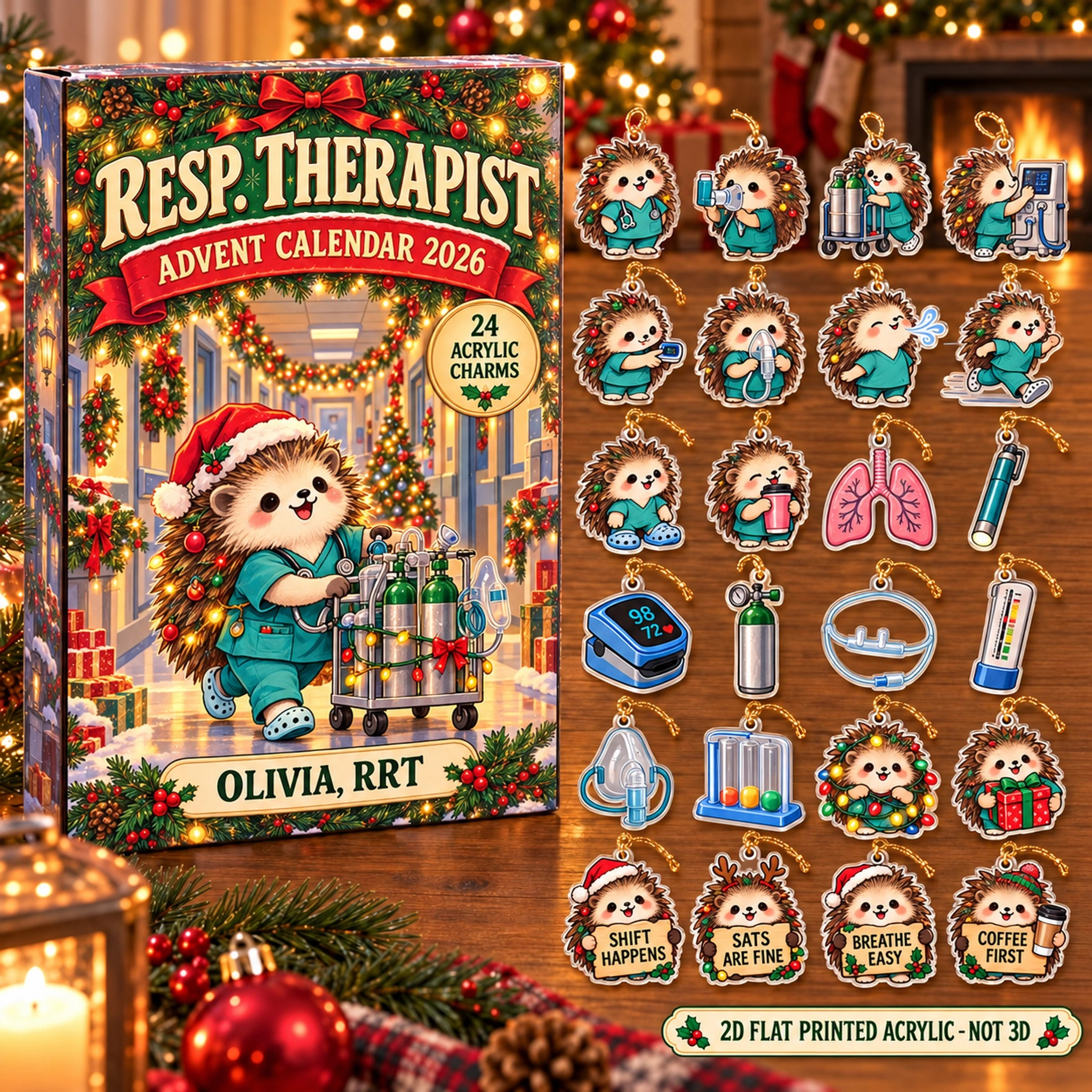 Personalized RT Hedgehog advent calendar box with 24 flat acrylic Christmas charms