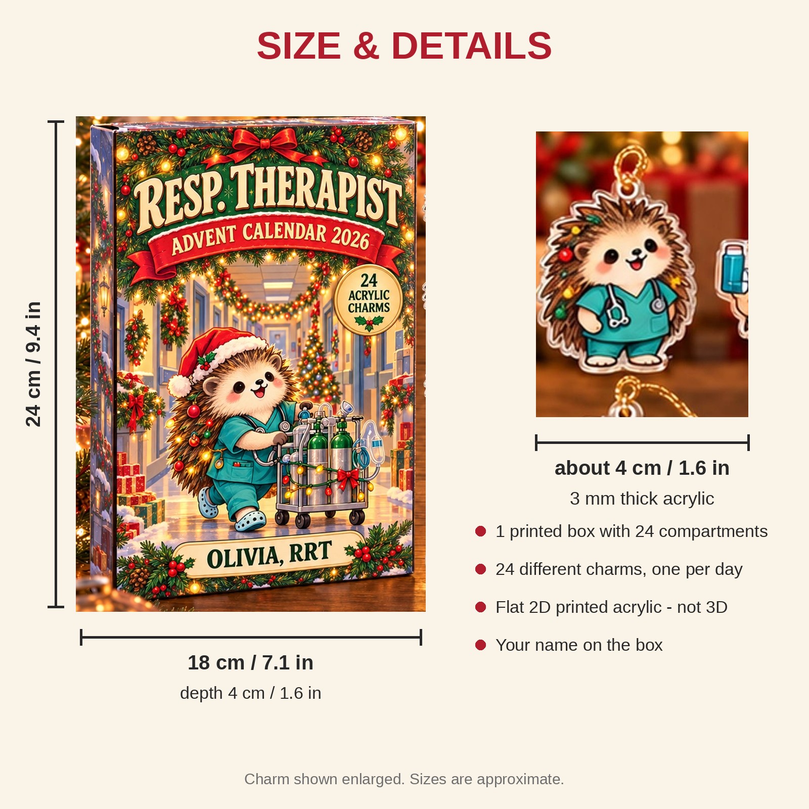 Personalized RT Hedgehog advent calendar box with 24 flat acrylic Christmas charms: box and charm sizes