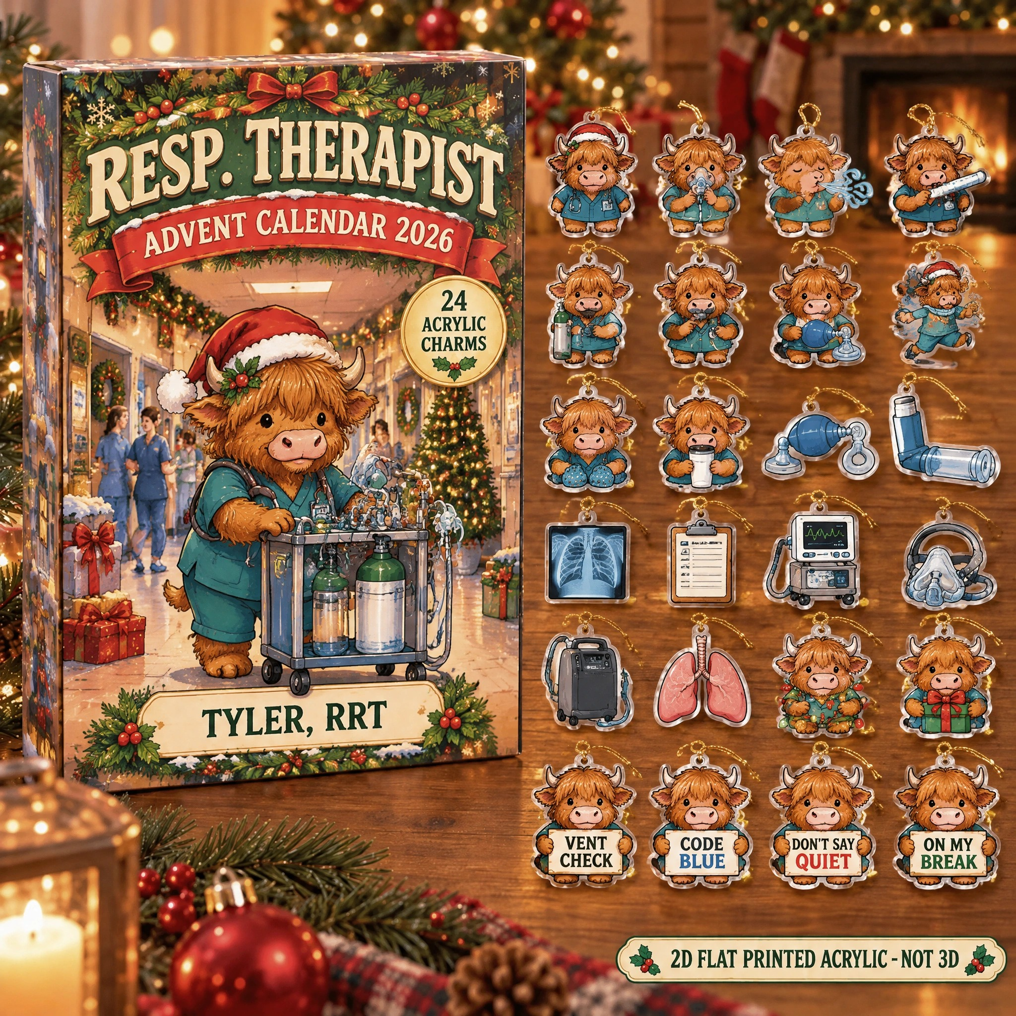 Personalized RT Highland Cow advent calendar box with 24 flat acrylic Christmas charms