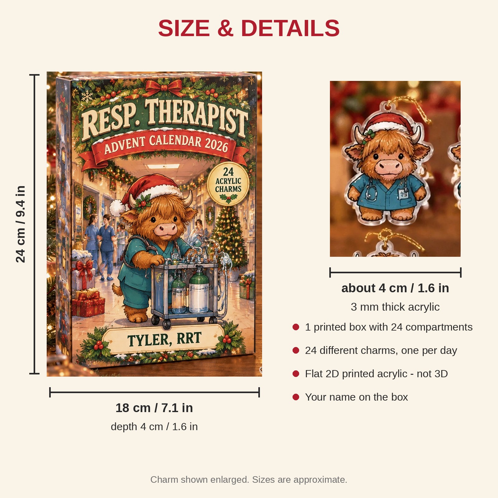 Personalized RT Highland Cow advent calendar box with 24 flat acrylic Christmas charms: box and charm sizes