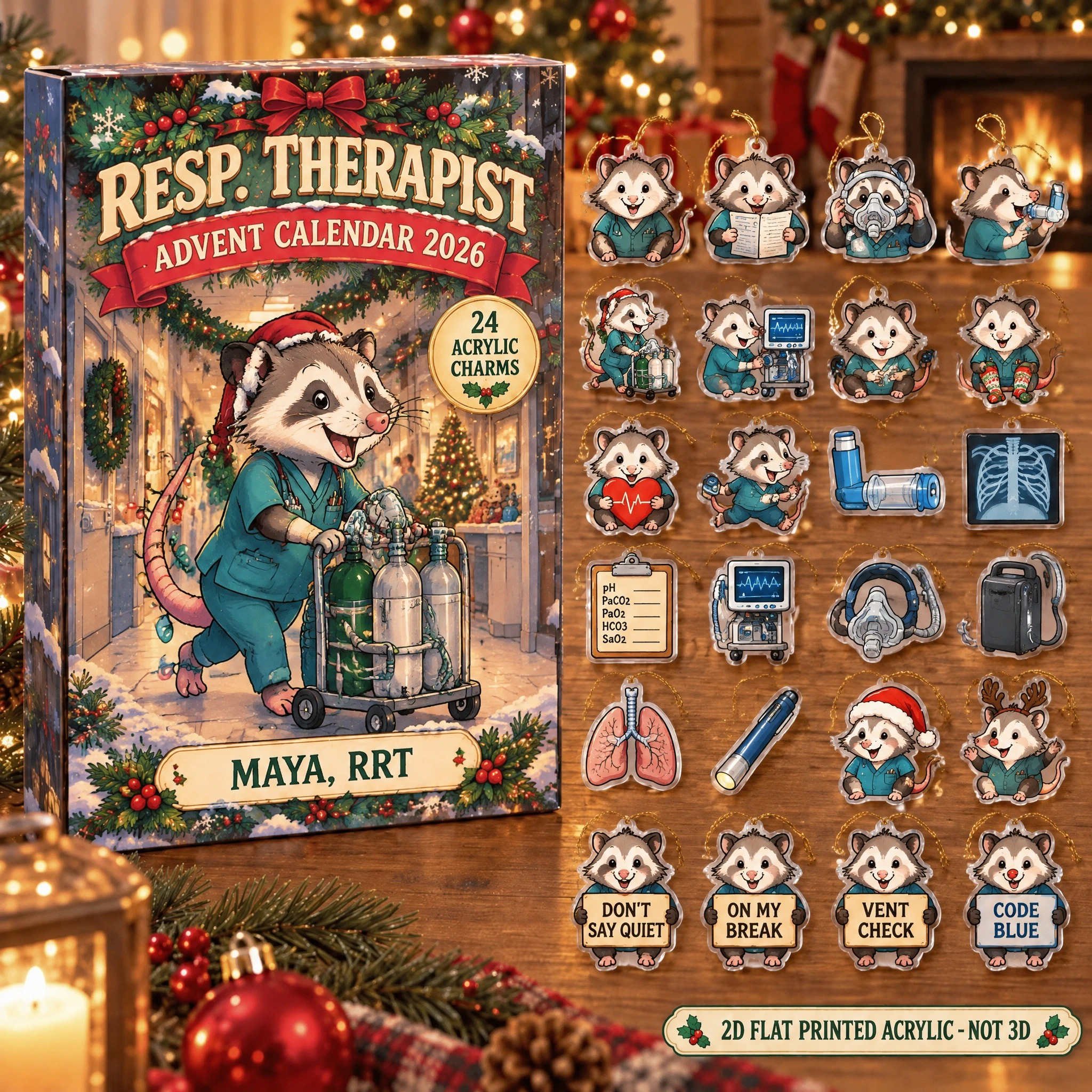 Personalized RT Opossum advent calendar box with 24 flat acrylic Christmas charms