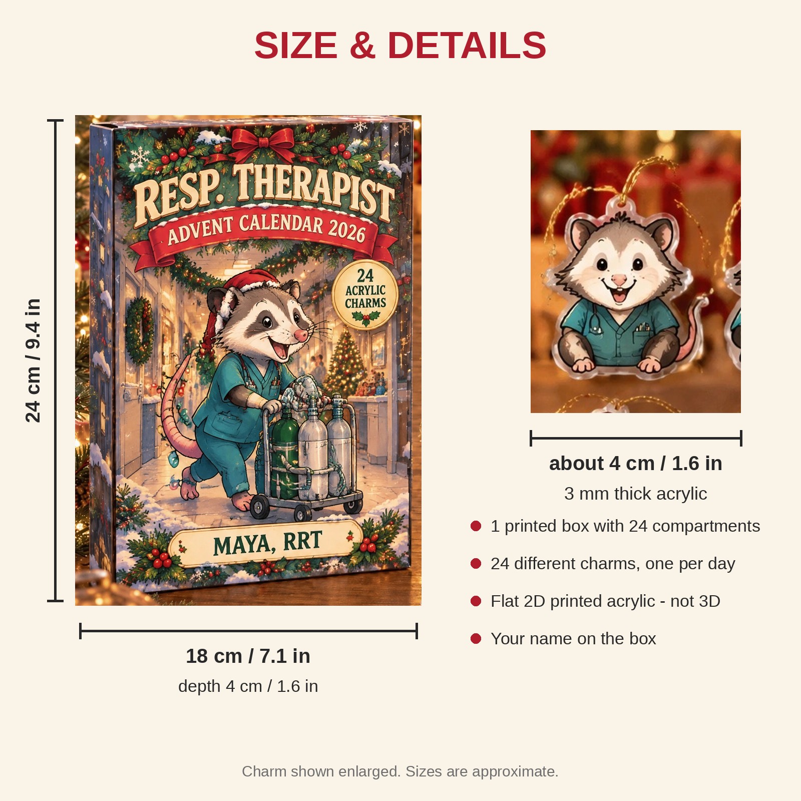 Personalized RT Opossum advent calendar box with 24 flat acrylic Christmas charms: box and charm sizes