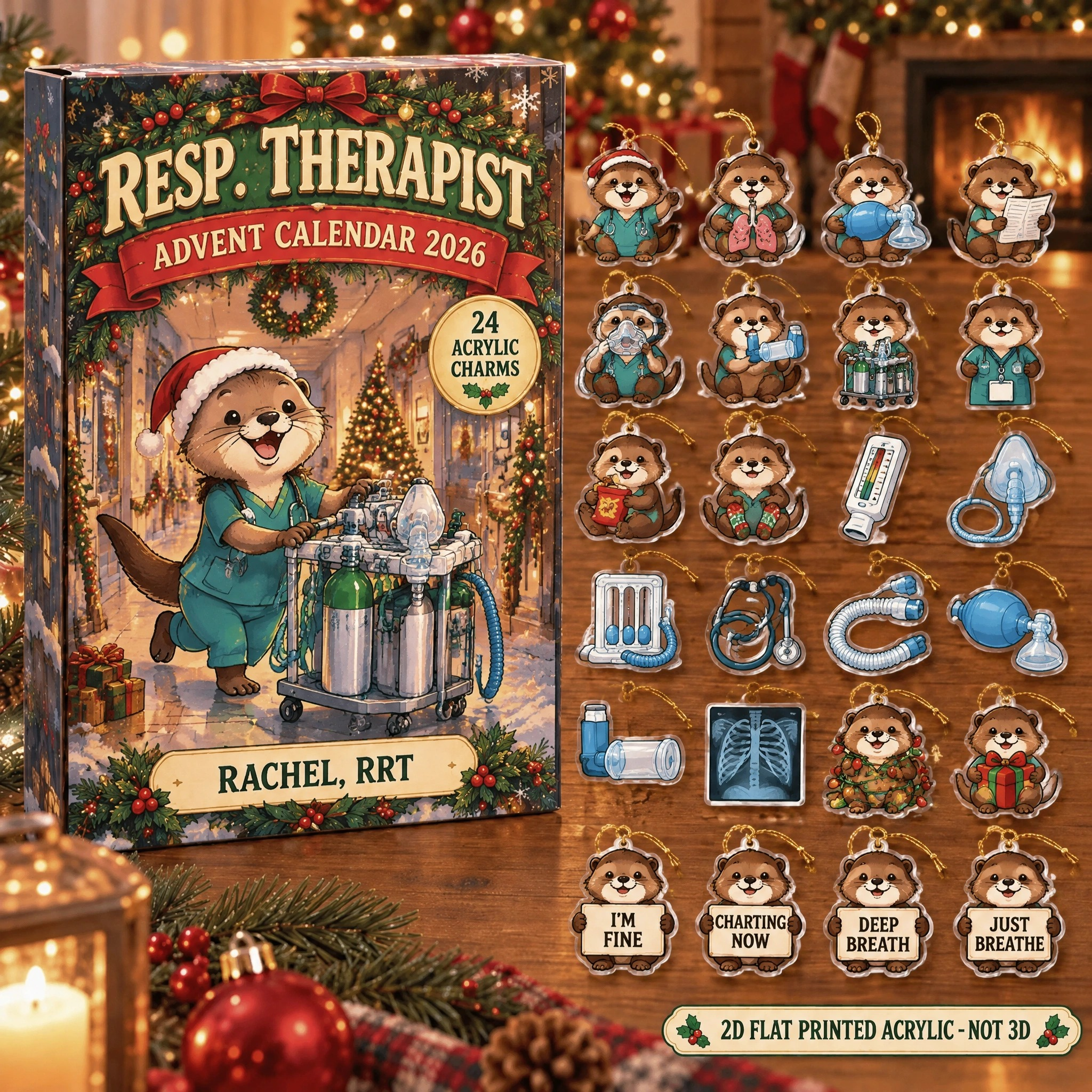 Personalized Respiratory Therapist Otter advent calendar box with 24 flat acrylic Christmas charms