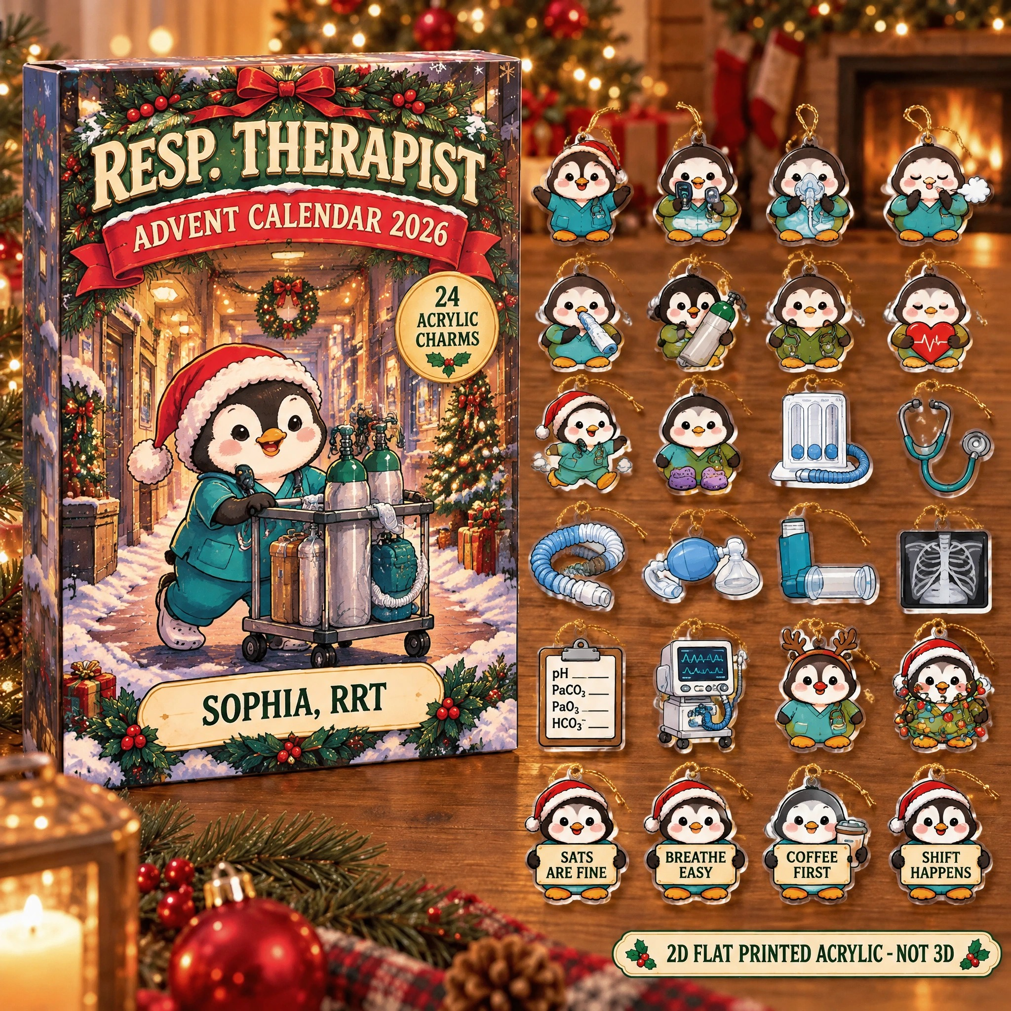 Personalized RT Penguin advent calendar box with 24 flat acrylic Christmas charms