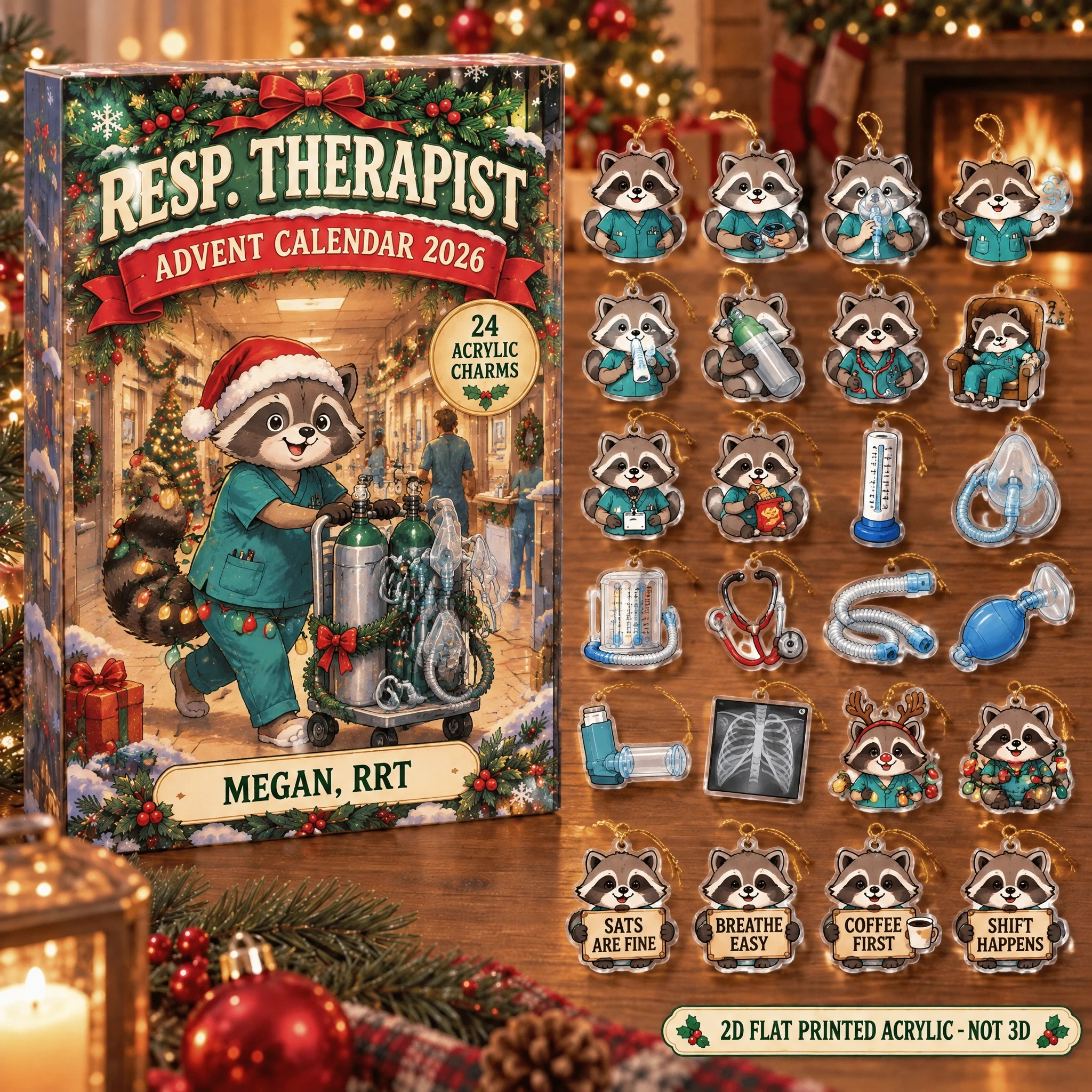Personalized RT Raccoon advent calendar box with 24 flat acrylic Christmas charms
